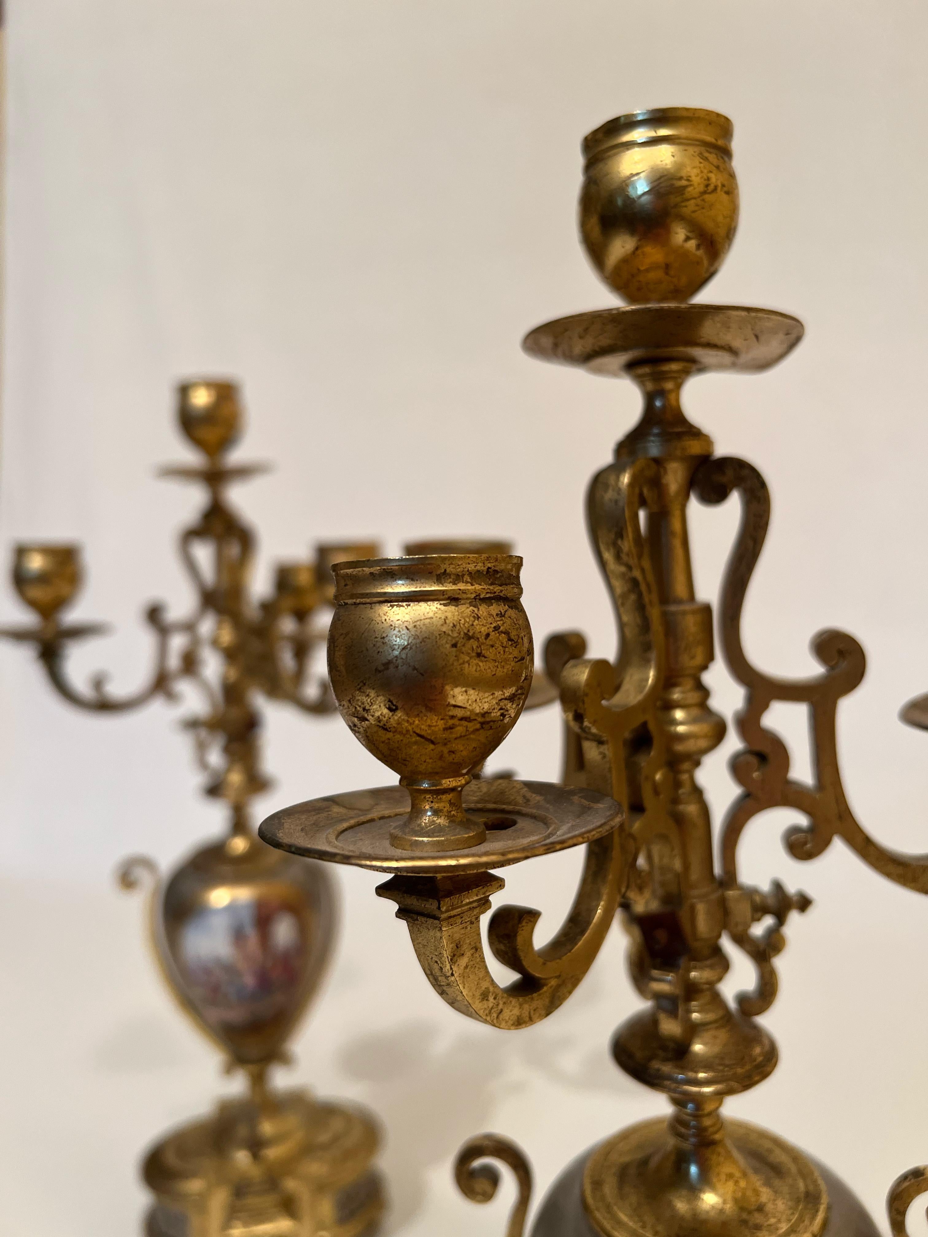 Baroque Pair of Bronze Candelabra with Double-Sided Paintings 19th Century For Sale