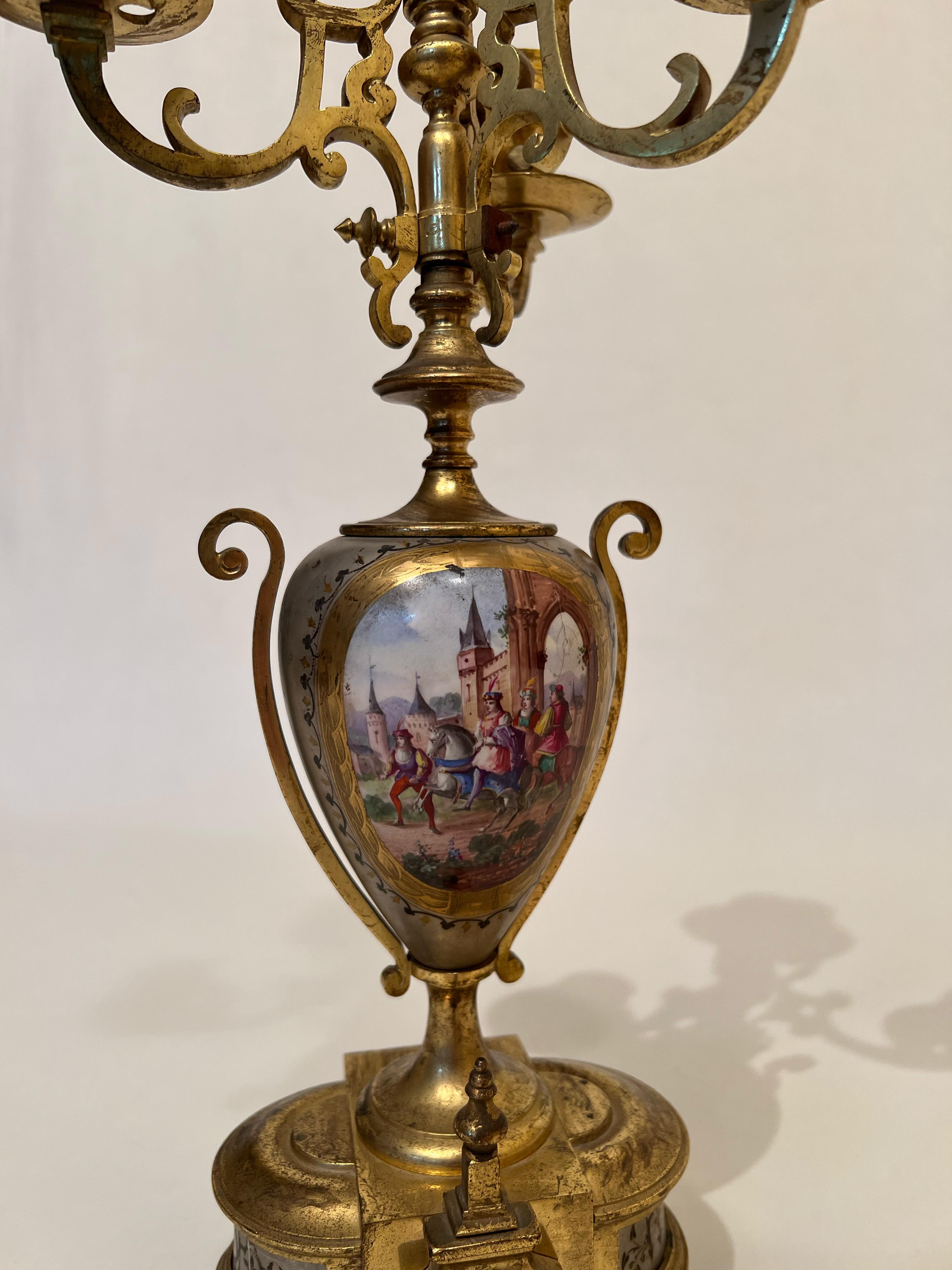 Austrian Pair of Bronze Candelabra with Double-Sided Paintings 19th Century For Sale