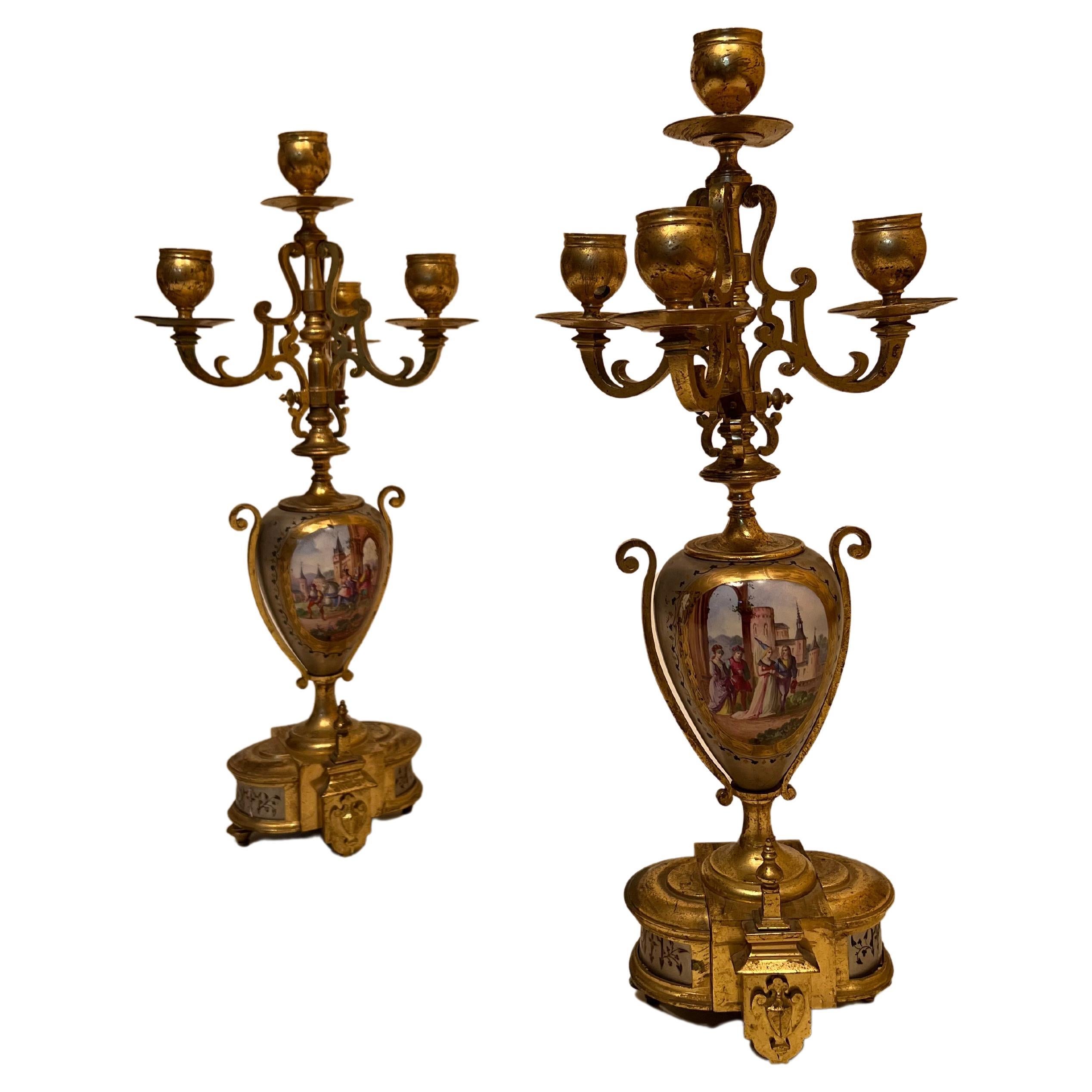 Pair of Bronze Candelabra with Double-Sided Paintings 19th Century For Sale