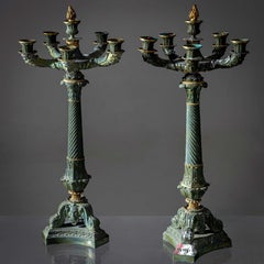Pair of Charles X Bronze Candelabras, Green Patina, Early 19th Century
