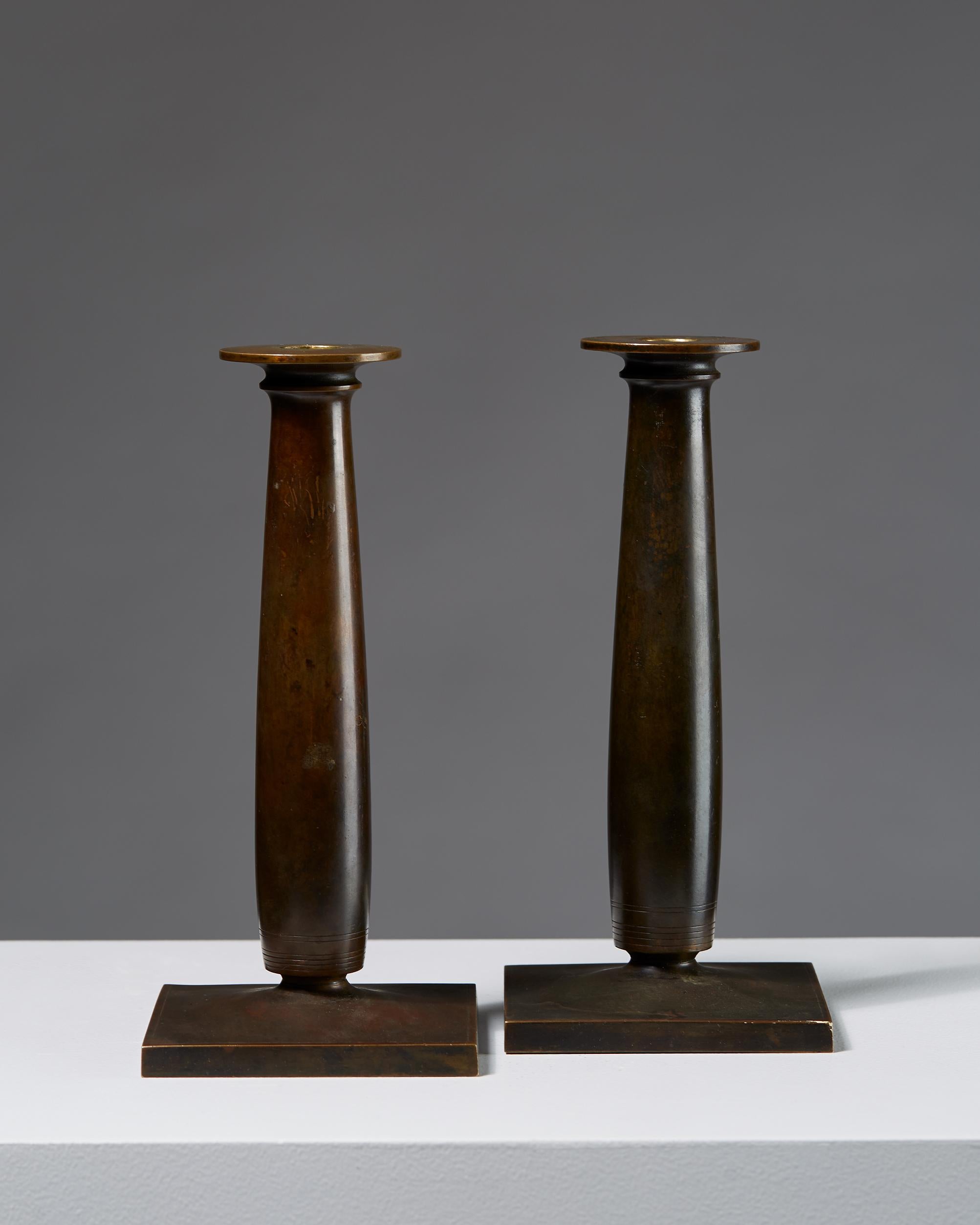 Swedish Pair of Bronze Candle Holders Designed by Just Andersen, Denmark. 1920s