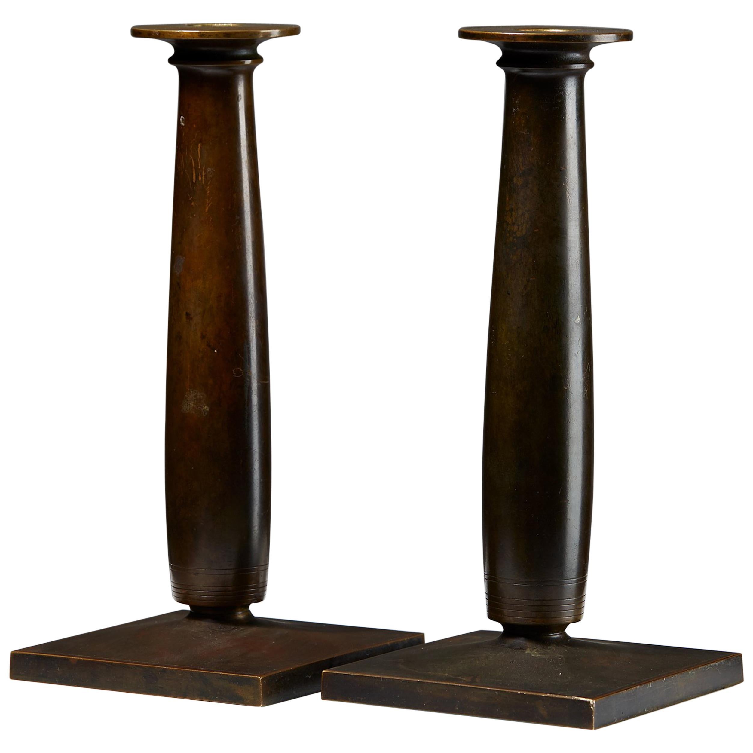 Pair of Bronze Candle Holders Designed by Just Andersen, Denmark. 1920s