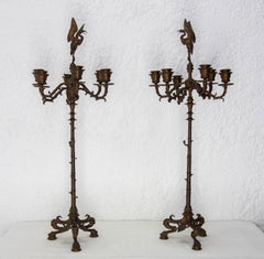 Pair of Bronze Candleholders, Heron Candelabra French, Late 19th Century