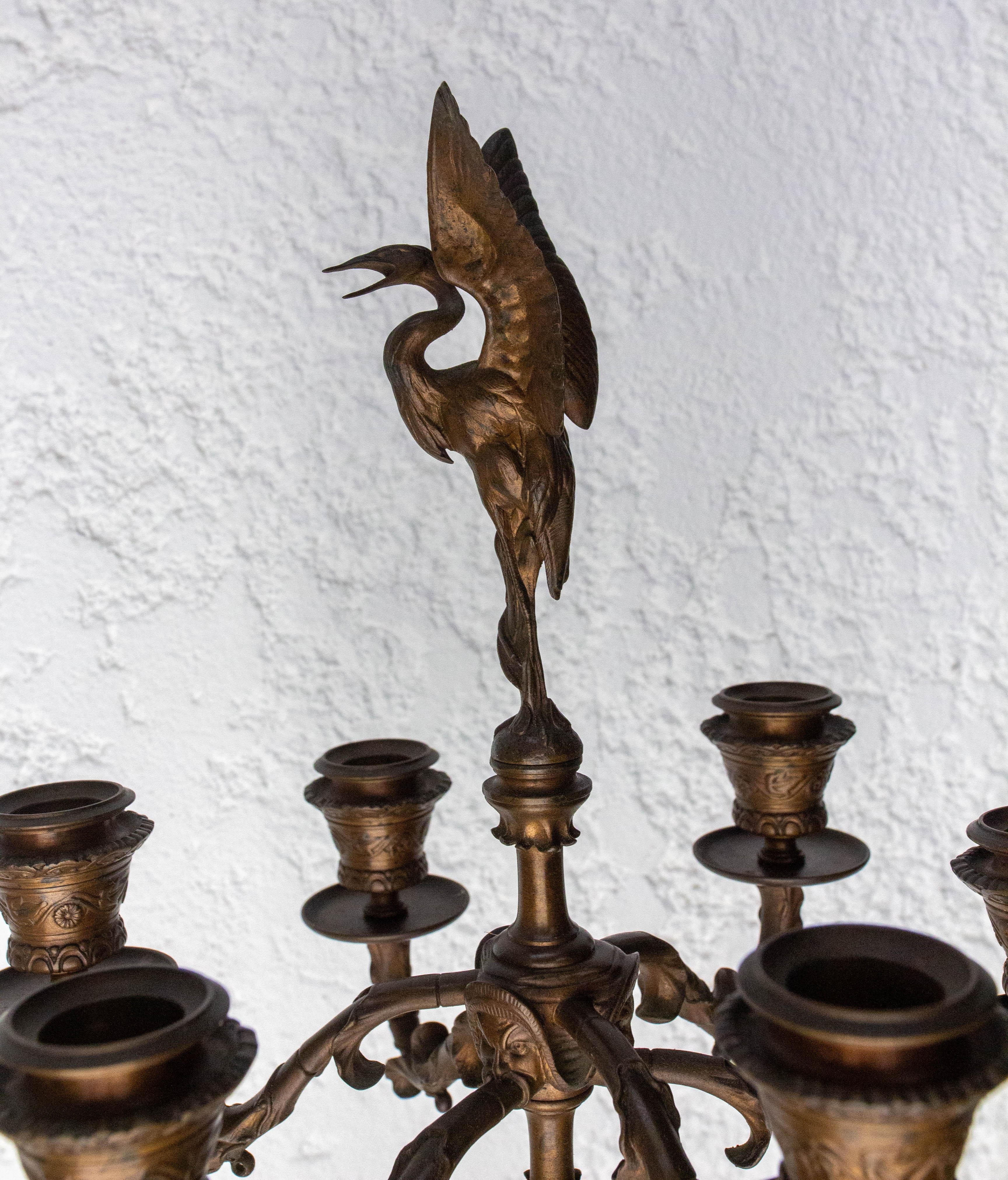 Renaissance Pair of Bronze Candleholders, Heron Candelabra French, Late 19th Century
