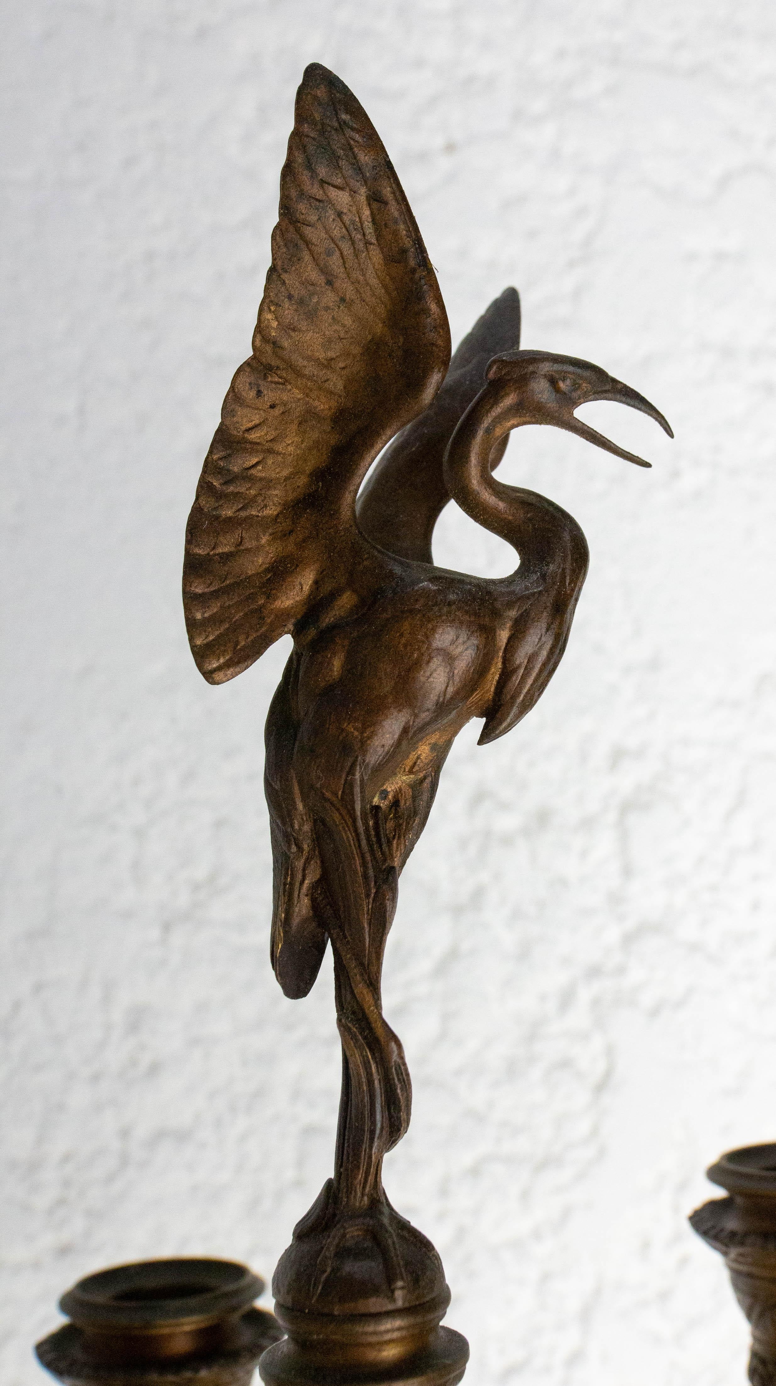 Patinated Pair of Bronze Candleholders, Heron Candelabra French, Late 19th Century