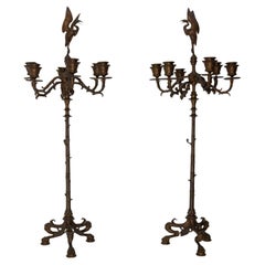 Pair of Bronze Candleholders, Heron Candelabra French, Late 19th Century
