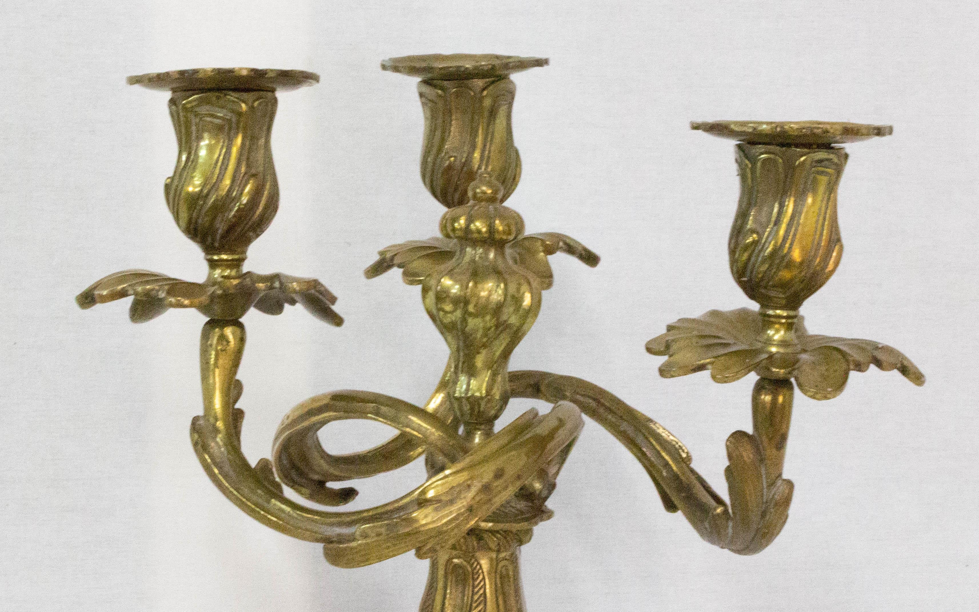 Patinated Pair of Bronze Candleholders Louis XV Style, French 19th Century For Sale