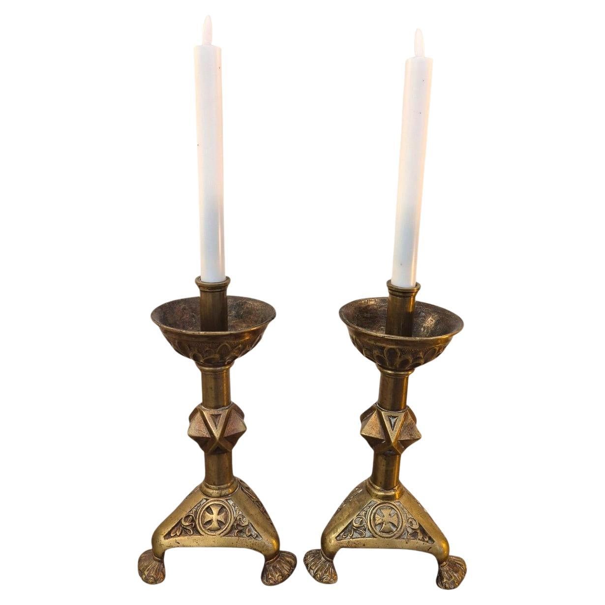 Pair of Bronze Candlesticks, 17th Century