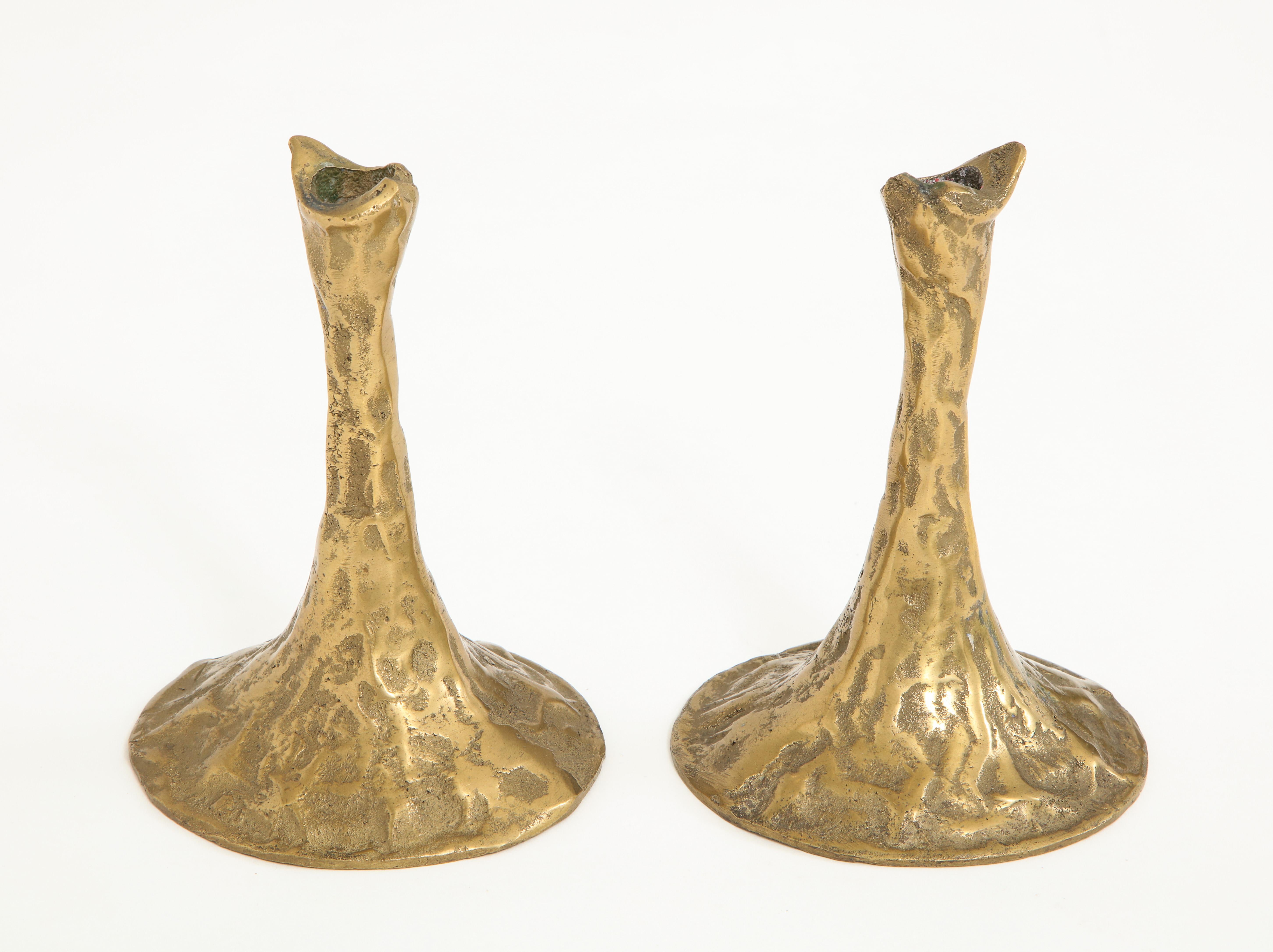 Exquisite pair of bronze candlestick holders by acclaimed post-war sculptor Costas Coulentianos. 

Abstract in both composition and finish, these candlestick holders are highly reminiscent of work made by Brancusi and other pioneering modernists who