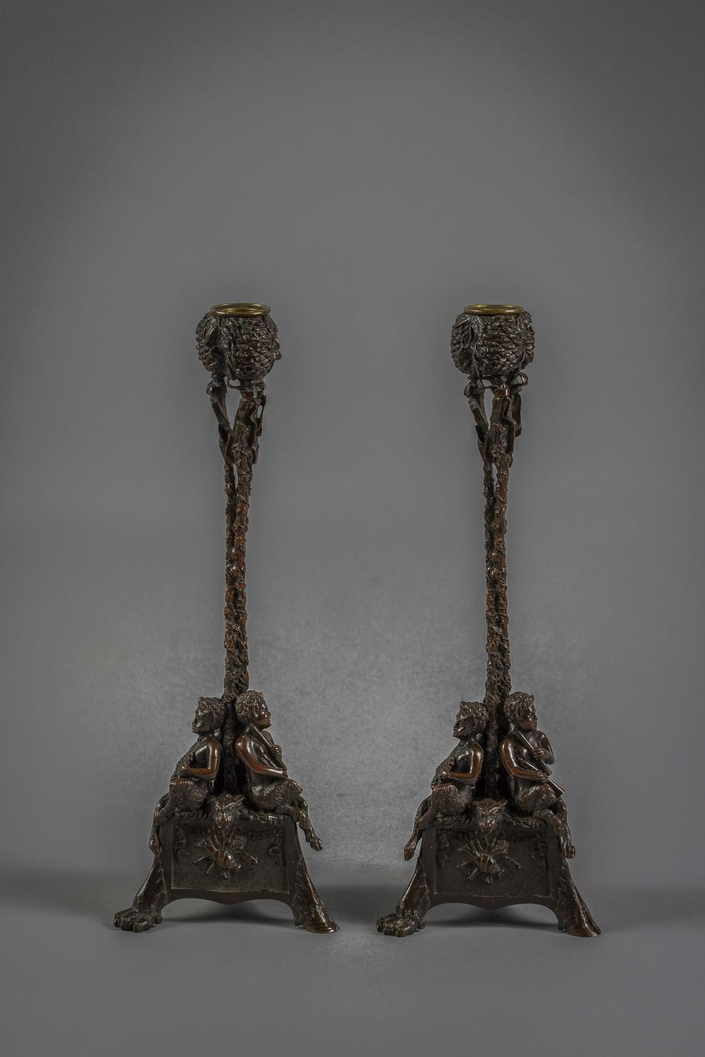 French Pair of Bronze Candlesticks, circa 1840 For Sale