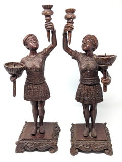 Pair of Bronze Candlesticks Figural People Olympic Torch Bearer Women 19"H