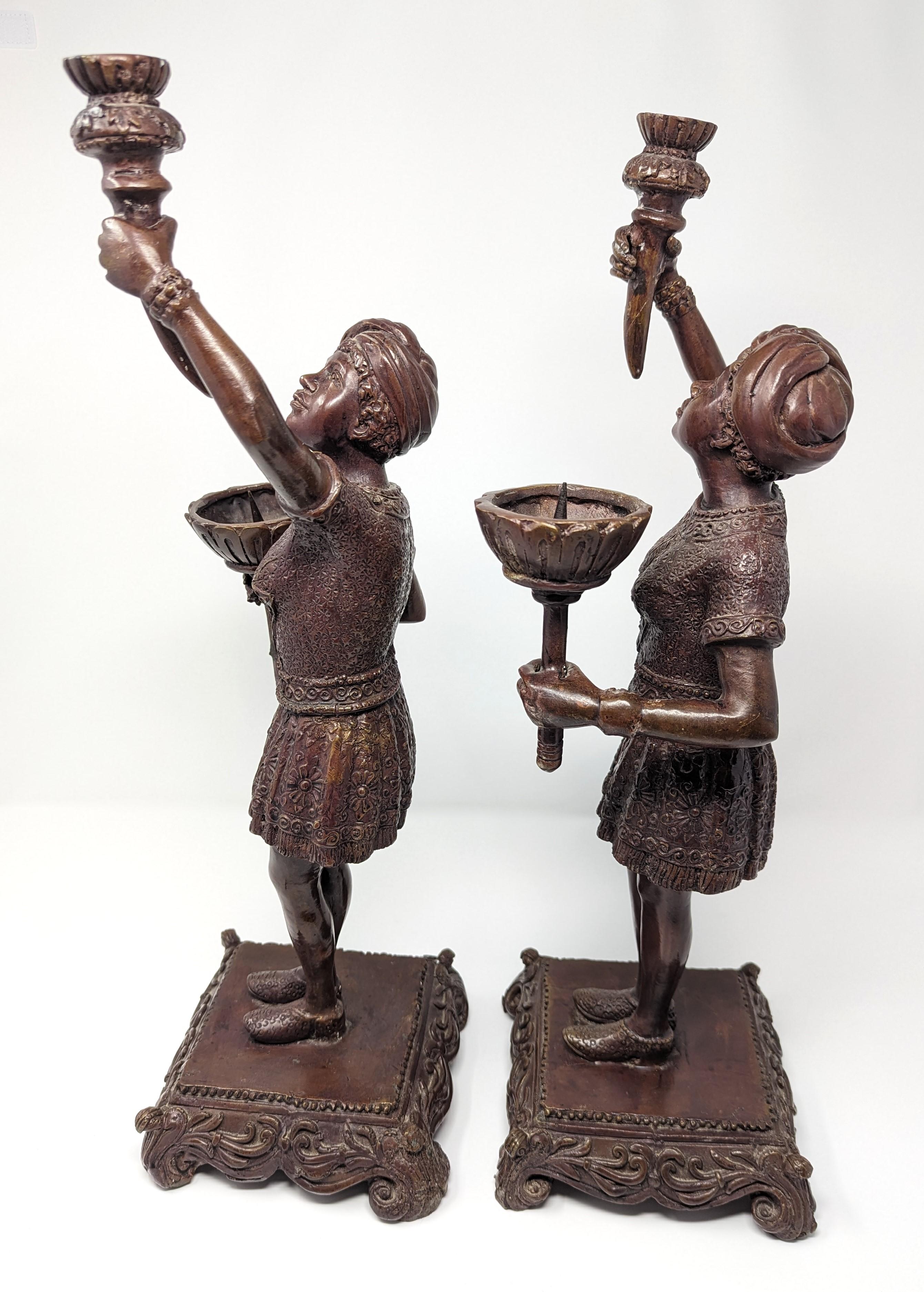 Moorish Pair of Bronze Candlesticks Figural People Olympic Torch Bearer Women 19