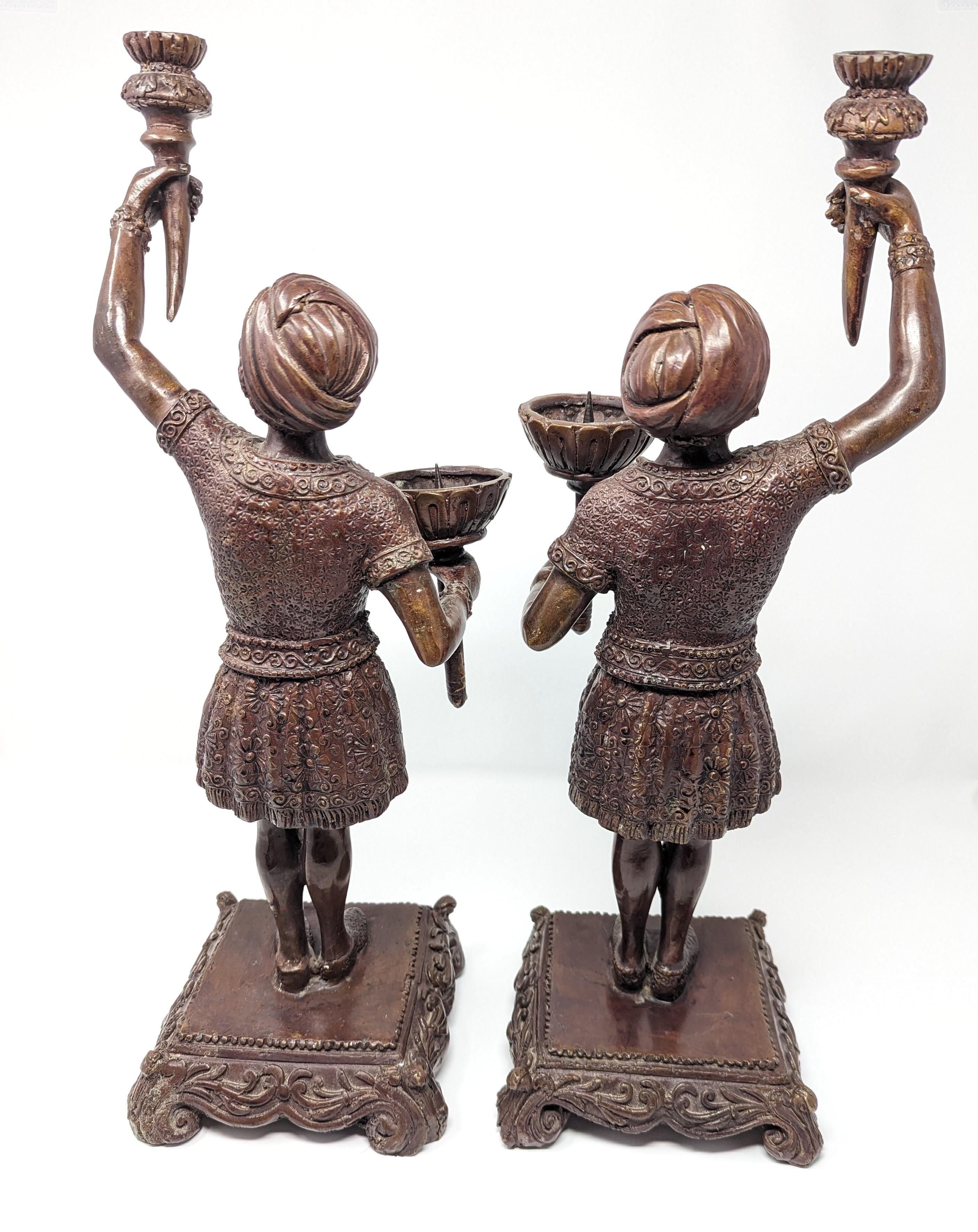 Unknown Pair of Bronze Candlesticks Figural People Olympic Torch Bearer Women 19