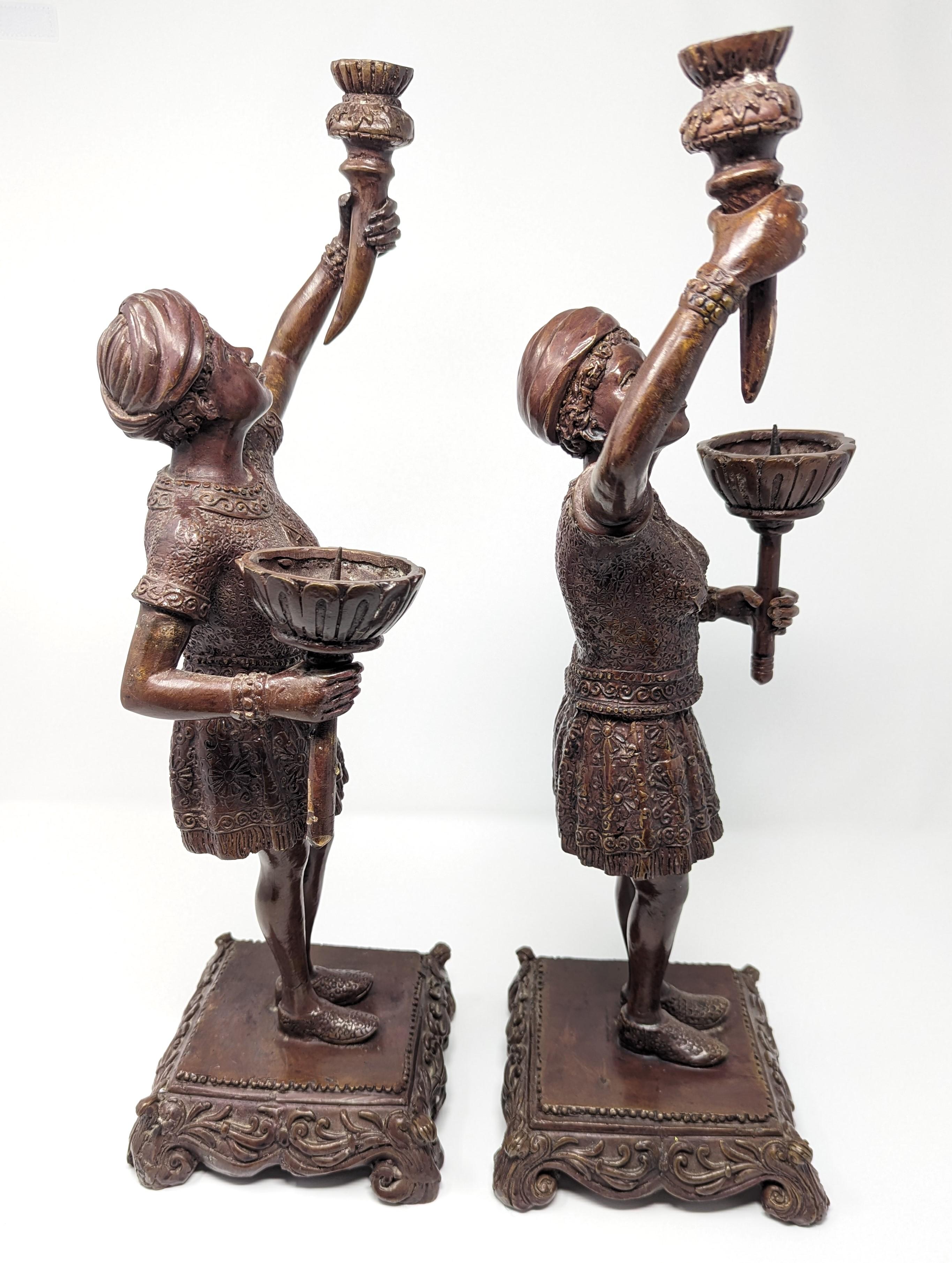 Pair of Bronze Candlesticks Figural People Olympic Torch Bearer Women 19