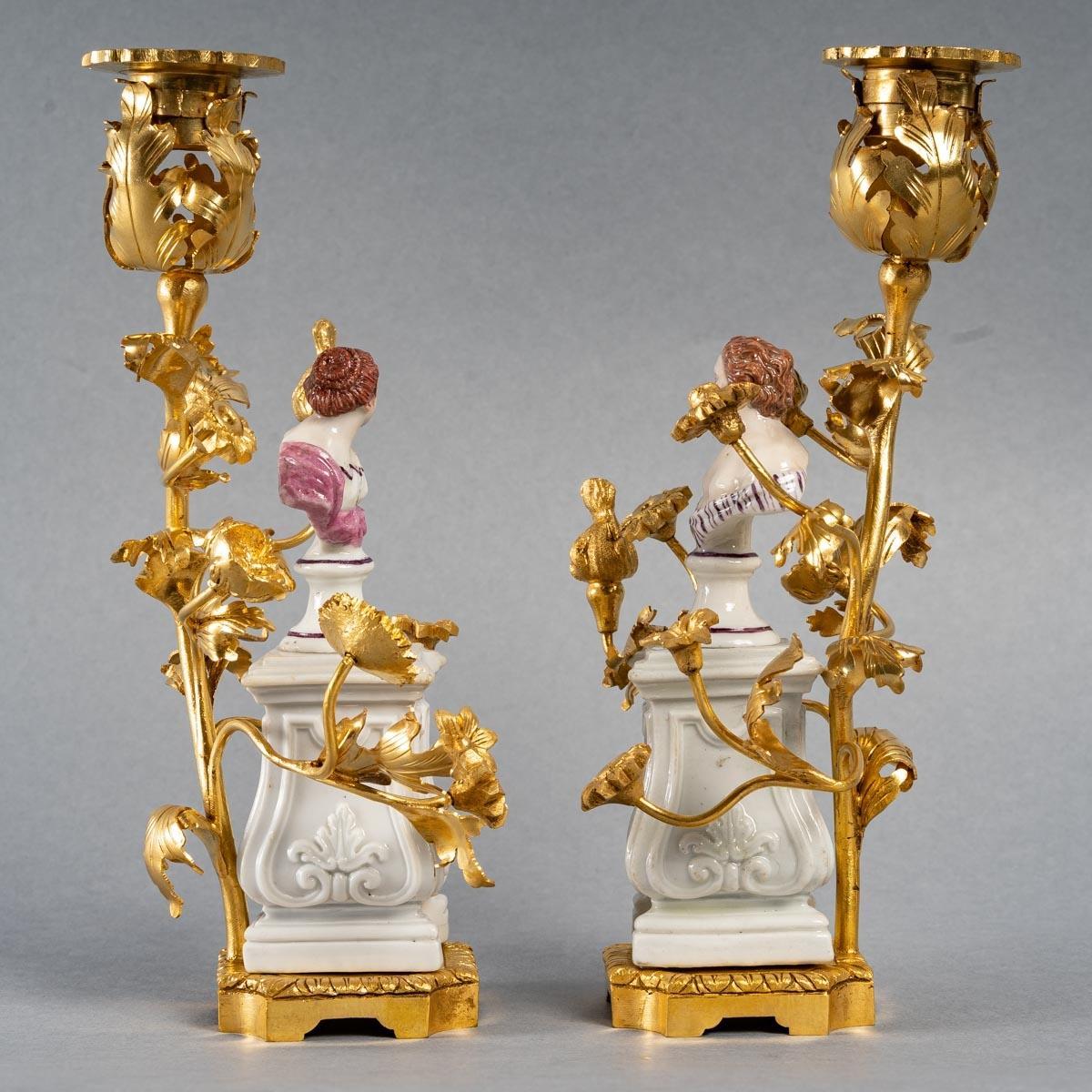 Italian Pair of Bronze Candlesticks, Louis XV For Sale