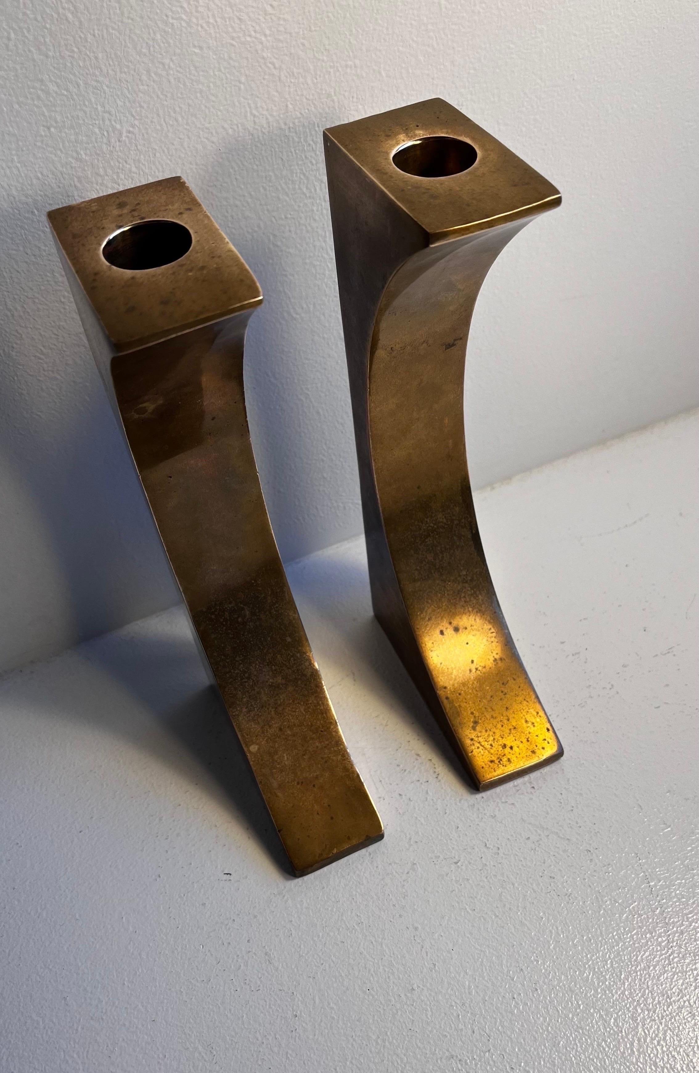 Pair of  Bronze Candlesticks or Bookends in the style M. Gerber, c 1970 In Good Condition For Sale In Philadelphia, PA