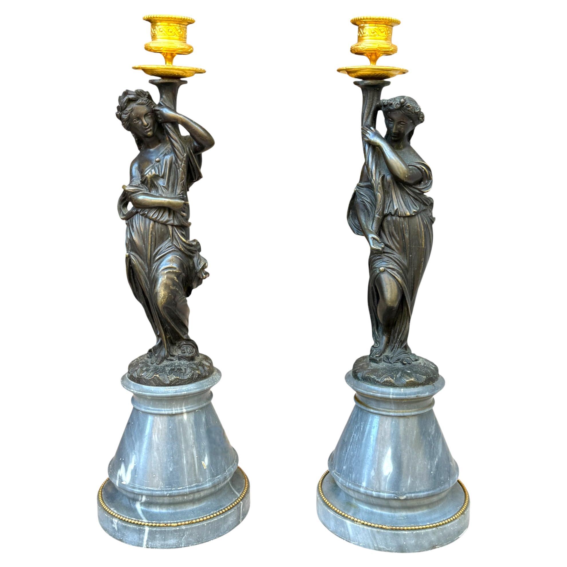 Pair of Bronze Candlesticks with Two Female Statues, 19th Century