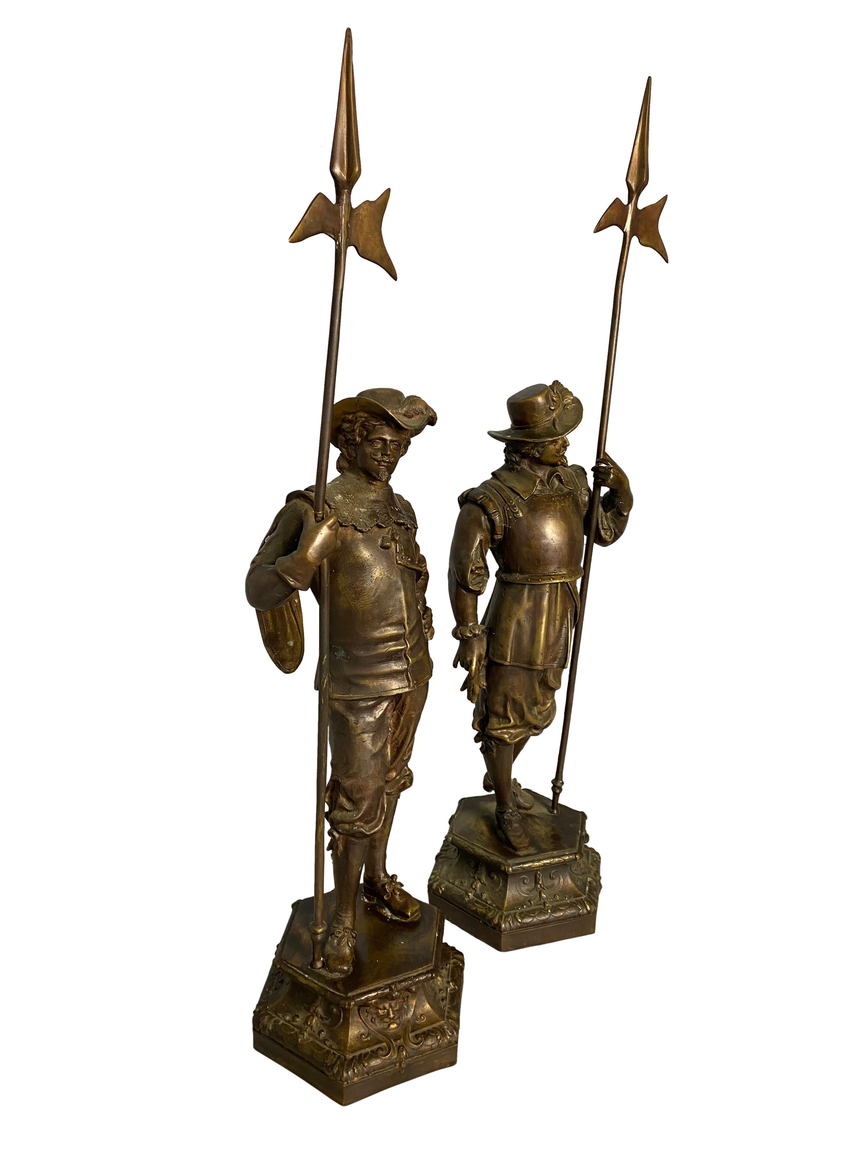 French Pair of Bronze Cavalier Statues, 19th Century For Sale