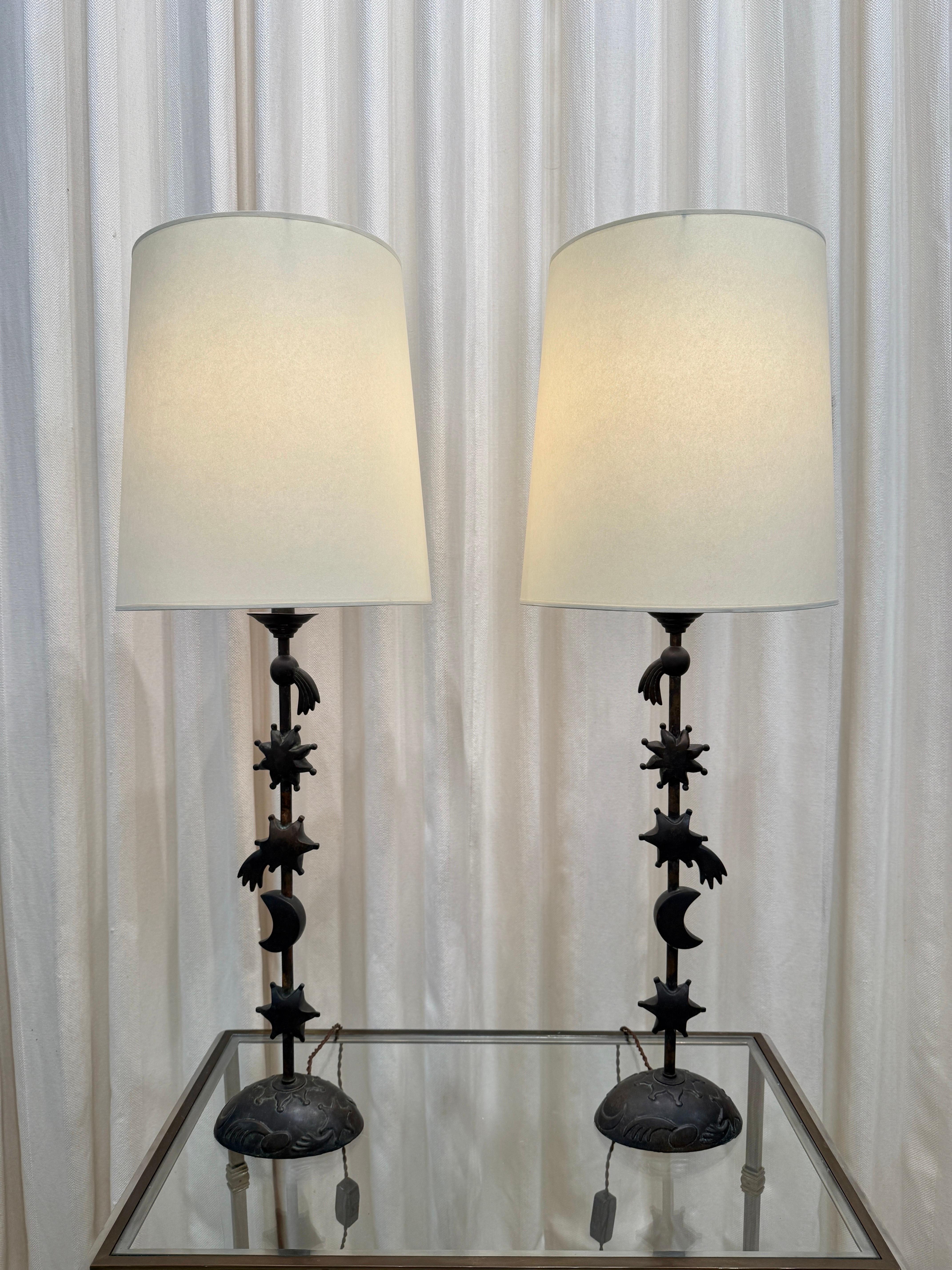 Pair of Bronze Celestial Motif Tall Table Lamps For Sale 8