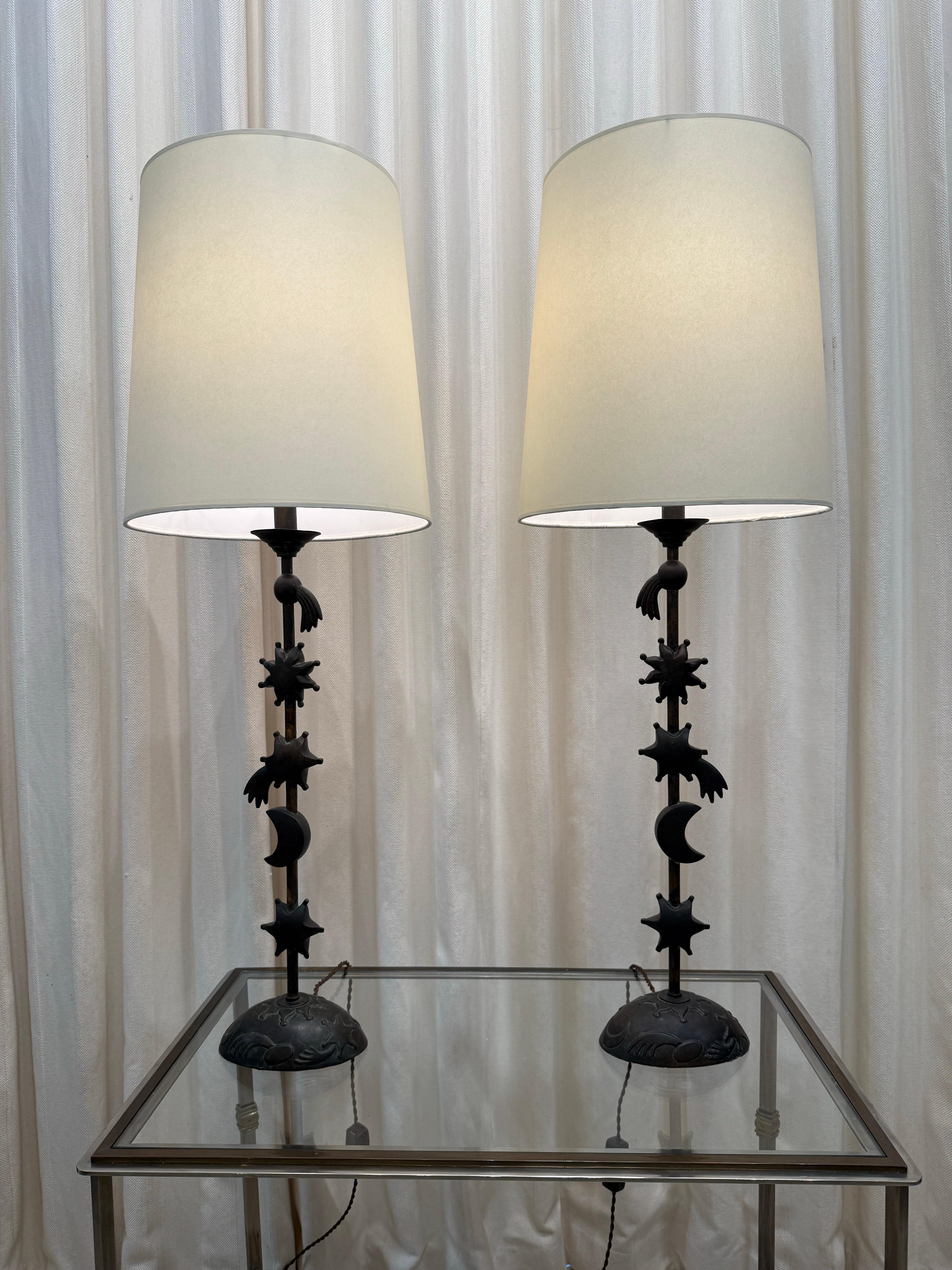 British Pair of Bronze Celestial Motif Tall Table Lamps For Sale