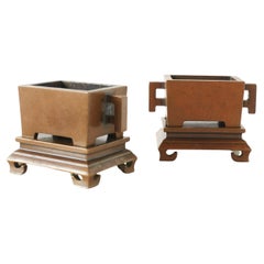 Pair of Bronze Censers on Carved Bases