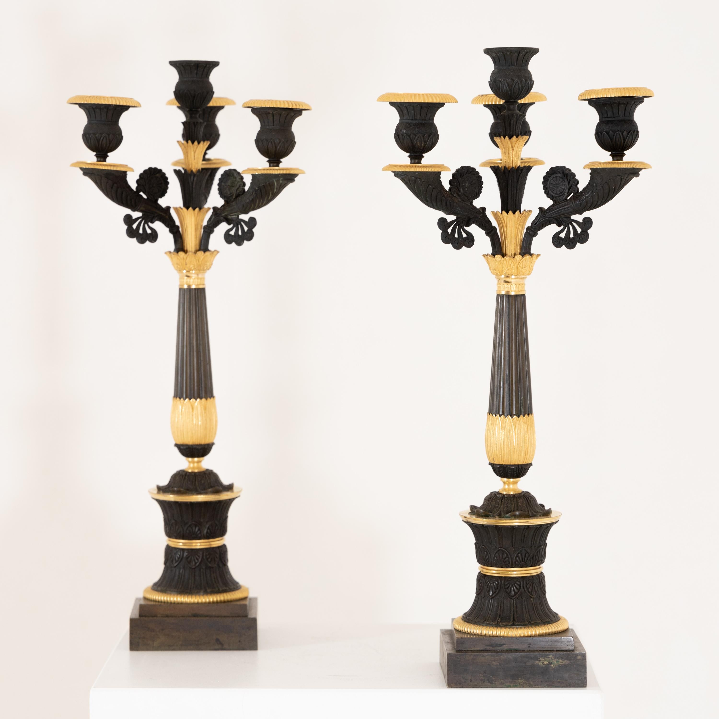 Pair of Charles X bronze candlesticks on square plinths with four candle sockets. The gold-raised elements stand out clearly against the dark background with leaf and vine ornamentation.
