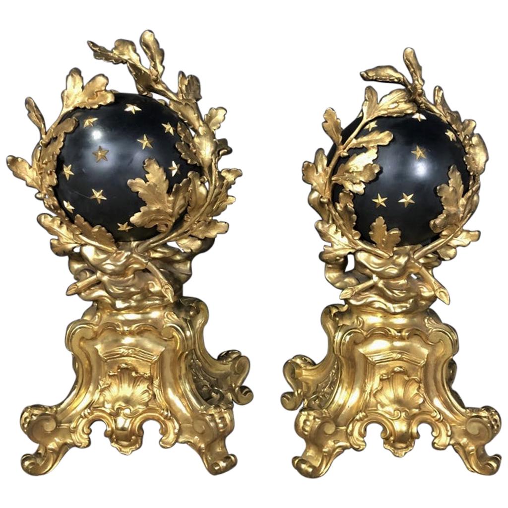 Pair of Gilt And Patinated Bronze Chenets of Monumental Size For Sale