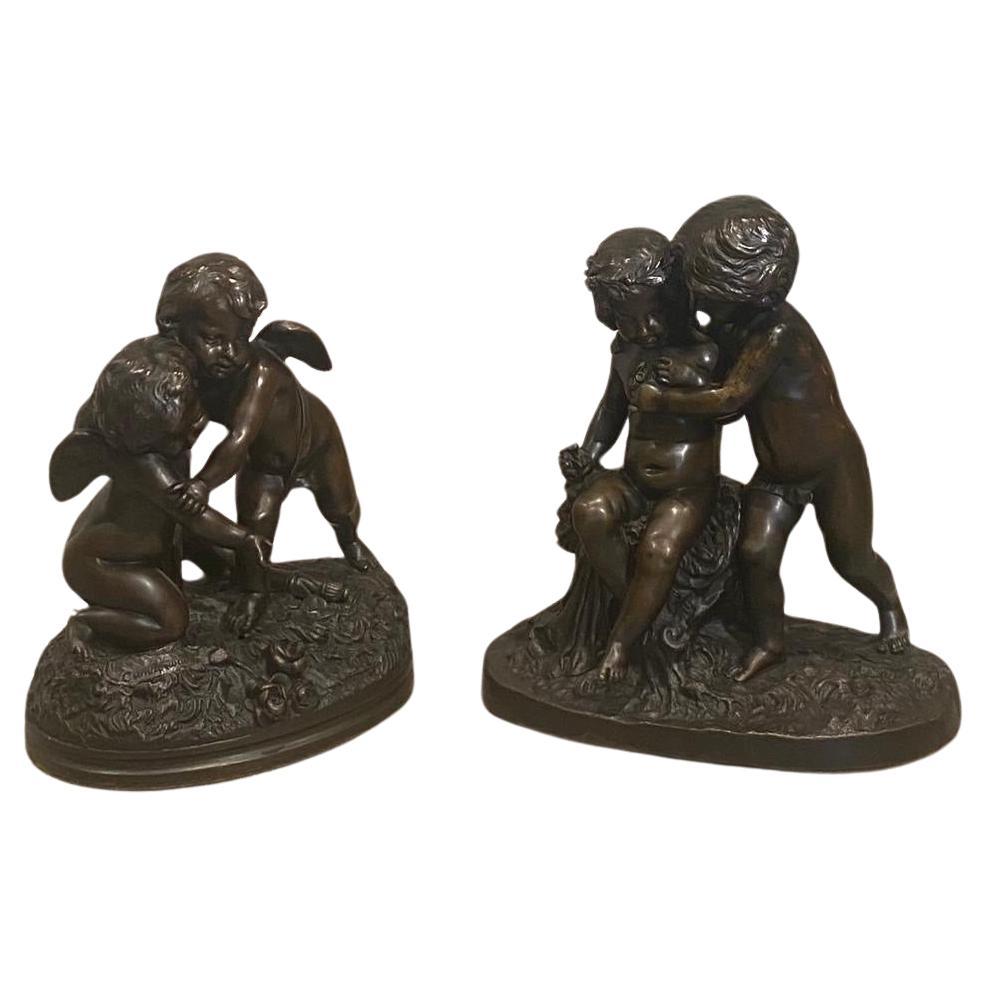 A charming and very good quality near pair of patinated bronze cherubs.
They really are nice quality enchanting and classical late 19th century patinated bronze studies of two cherubs at play on oval bases.
Size Largest: 9 inches Wide by 9 inches