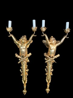 Pair of Bronze Cherub Torchères/Wall Sconces, 20th Century