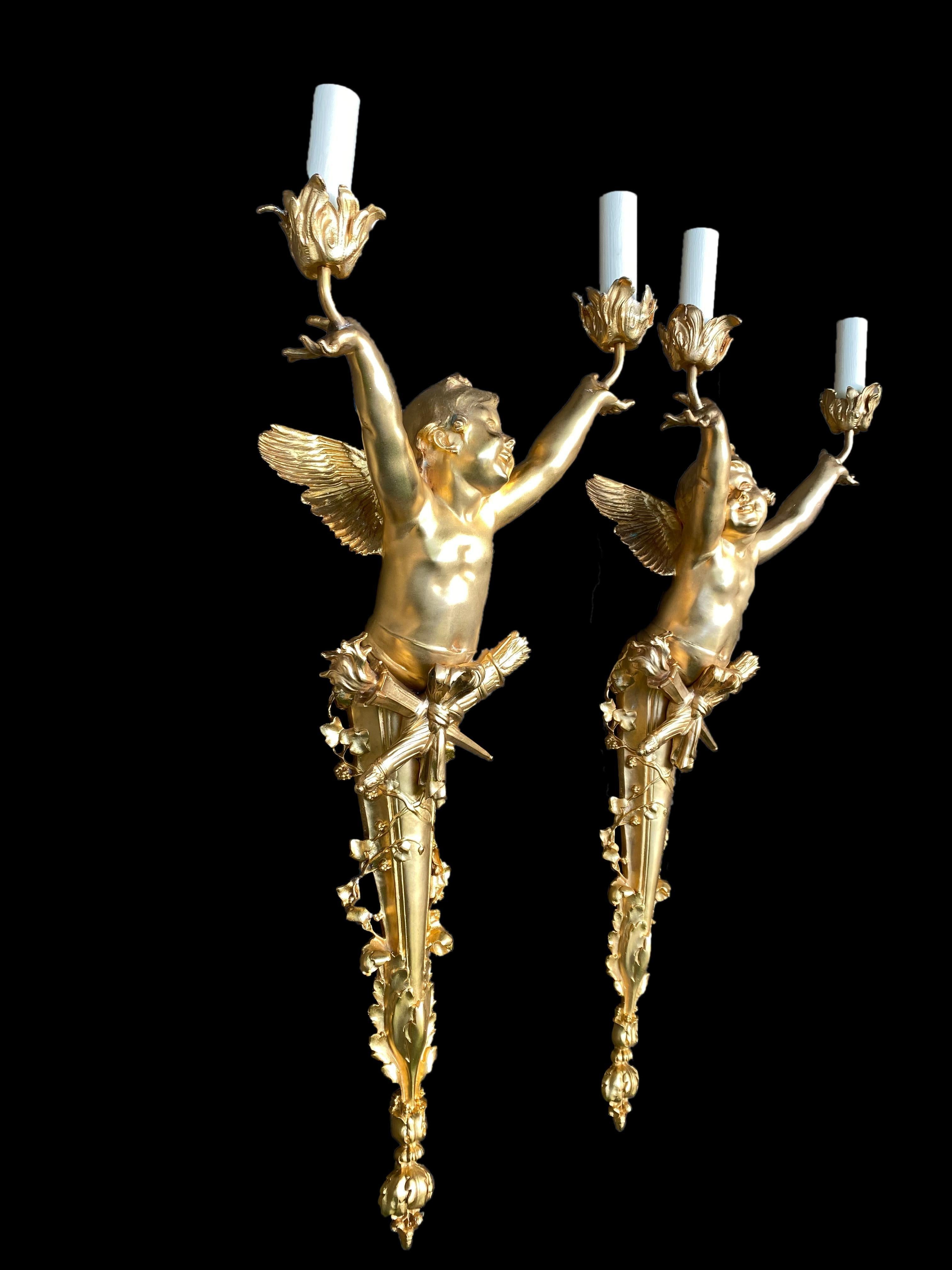 Empire Pair of Bronze Cherub Torchères/Wall Sconces, 20th Century For Sale