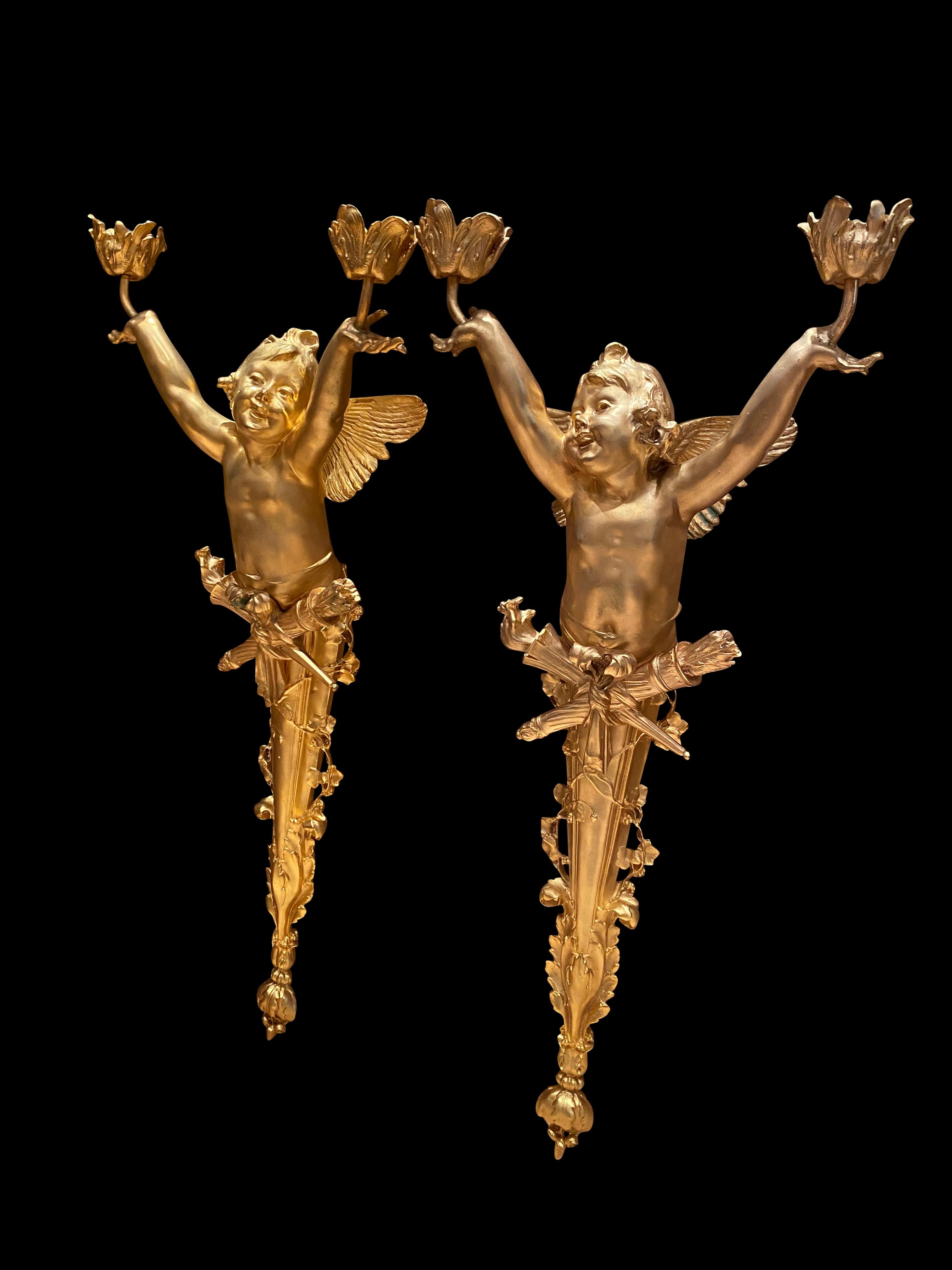 French Pair of Bronze Cherub Torchères/Wall Sconces, 20th Century