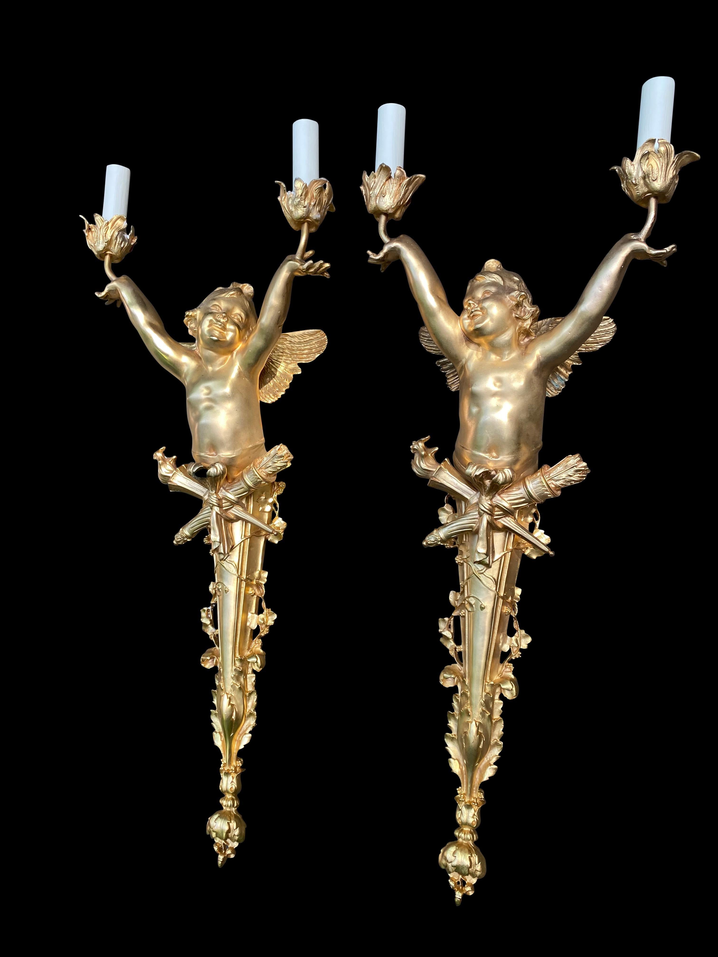 French Pair of Bronze Cherub Torchères/Wall Sconces, 20th Century For Sale