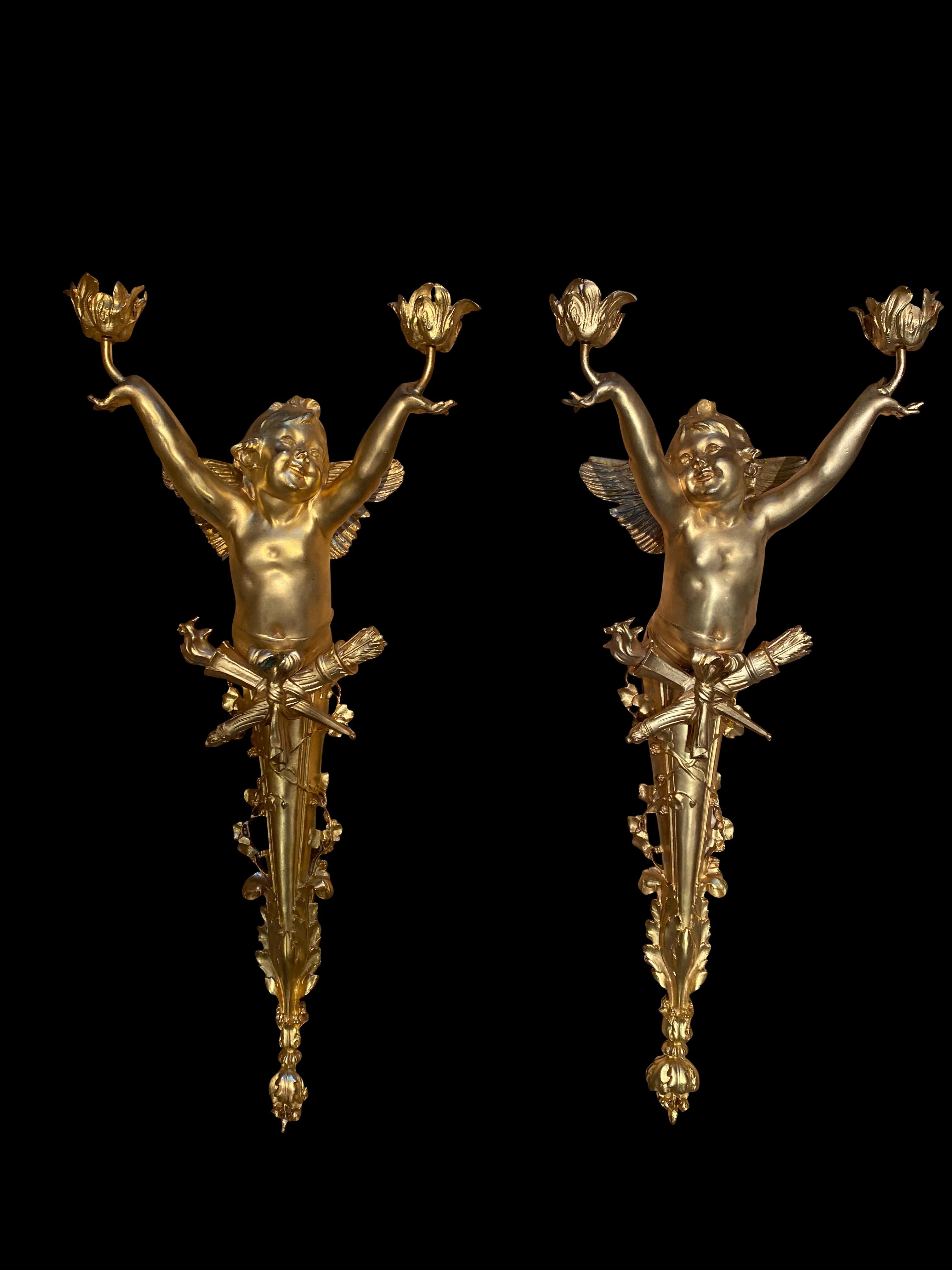 Pair of Bronze Cherub Torchères/Wall Sconces, 20th Century In Excellent Condition In London, GB
