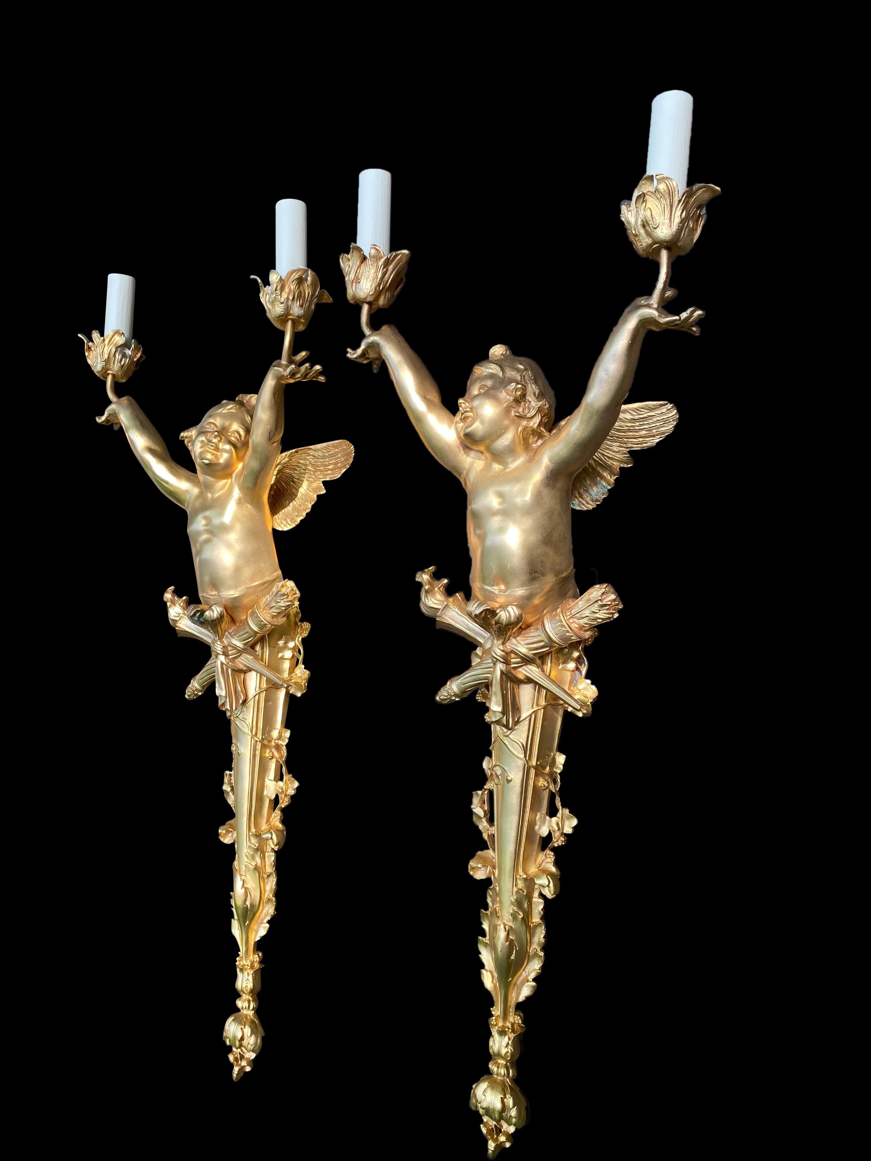 Pair of Bronze Cherub Torchères/Wall Sconces, 20th Century In Excellent Condition For Sale In London, GB