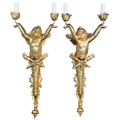 Pair of Bronze Cherub Torchères/Wall Sconces, 20th Century