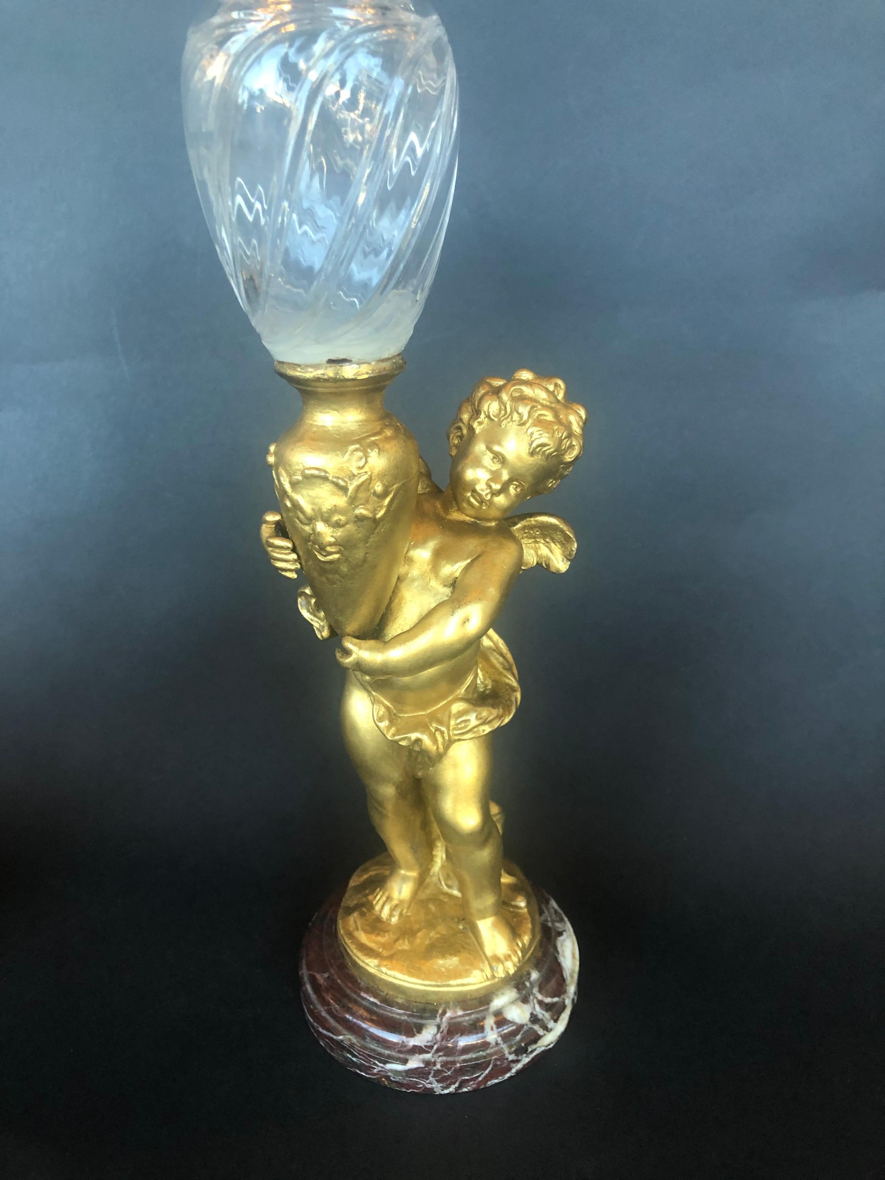 French Pair of Bronze Cherubs with Glass Vases For Sale