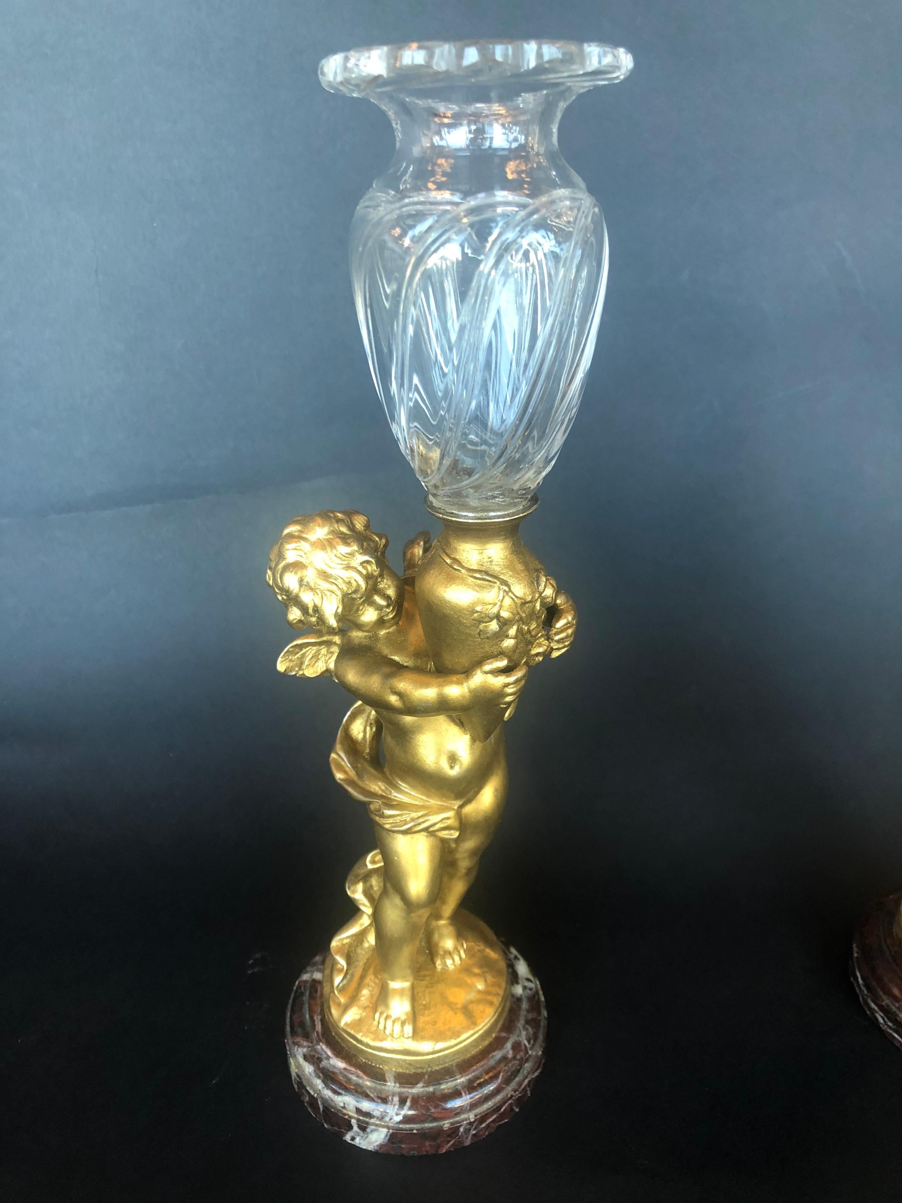 Pair of Bronze Cherubs with Glass Vases In Good Condition For Sale In Los Angeles, CA