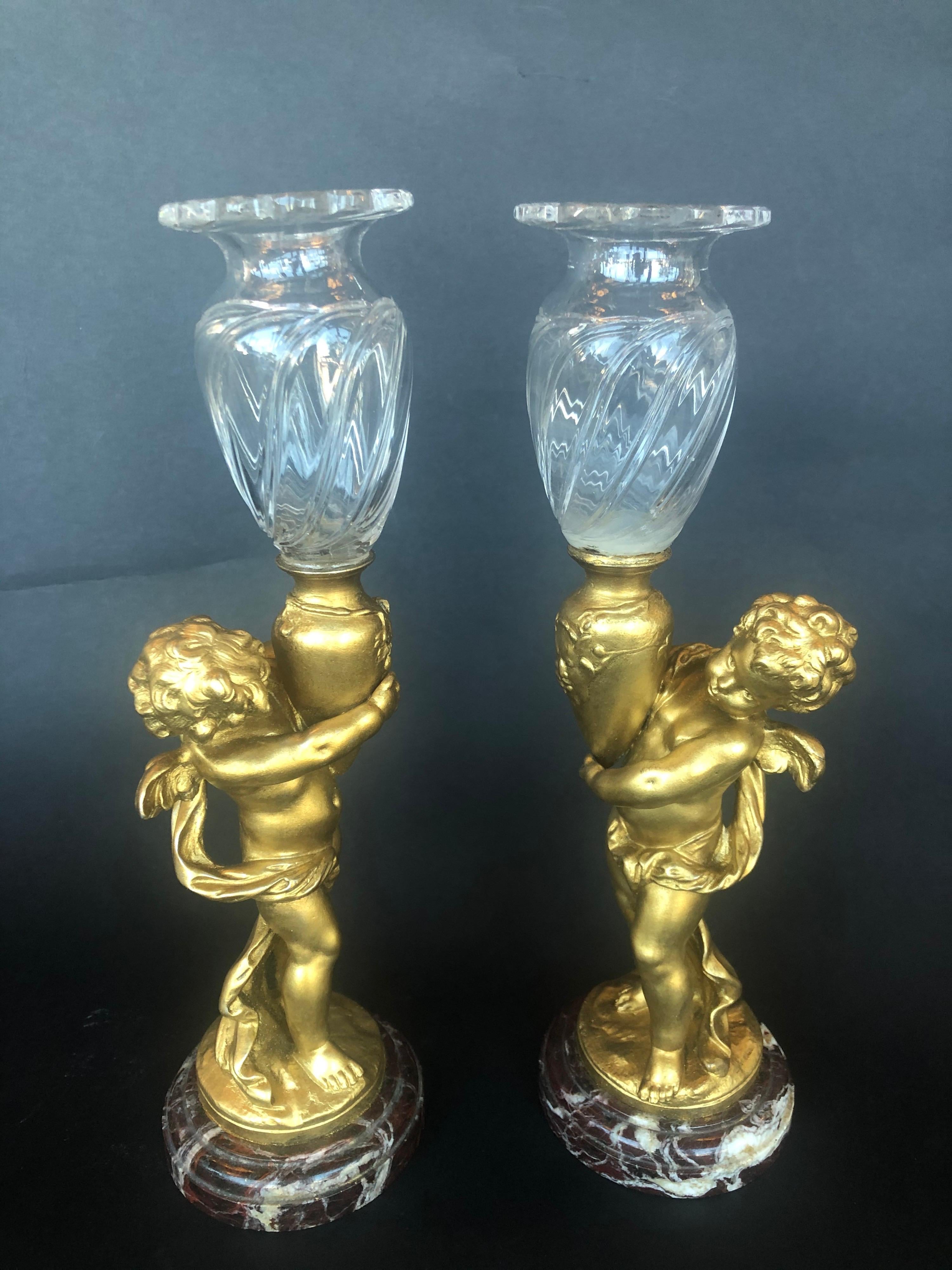 19th Century Pair of Bronze Cherubs with Glass Vases For Sale