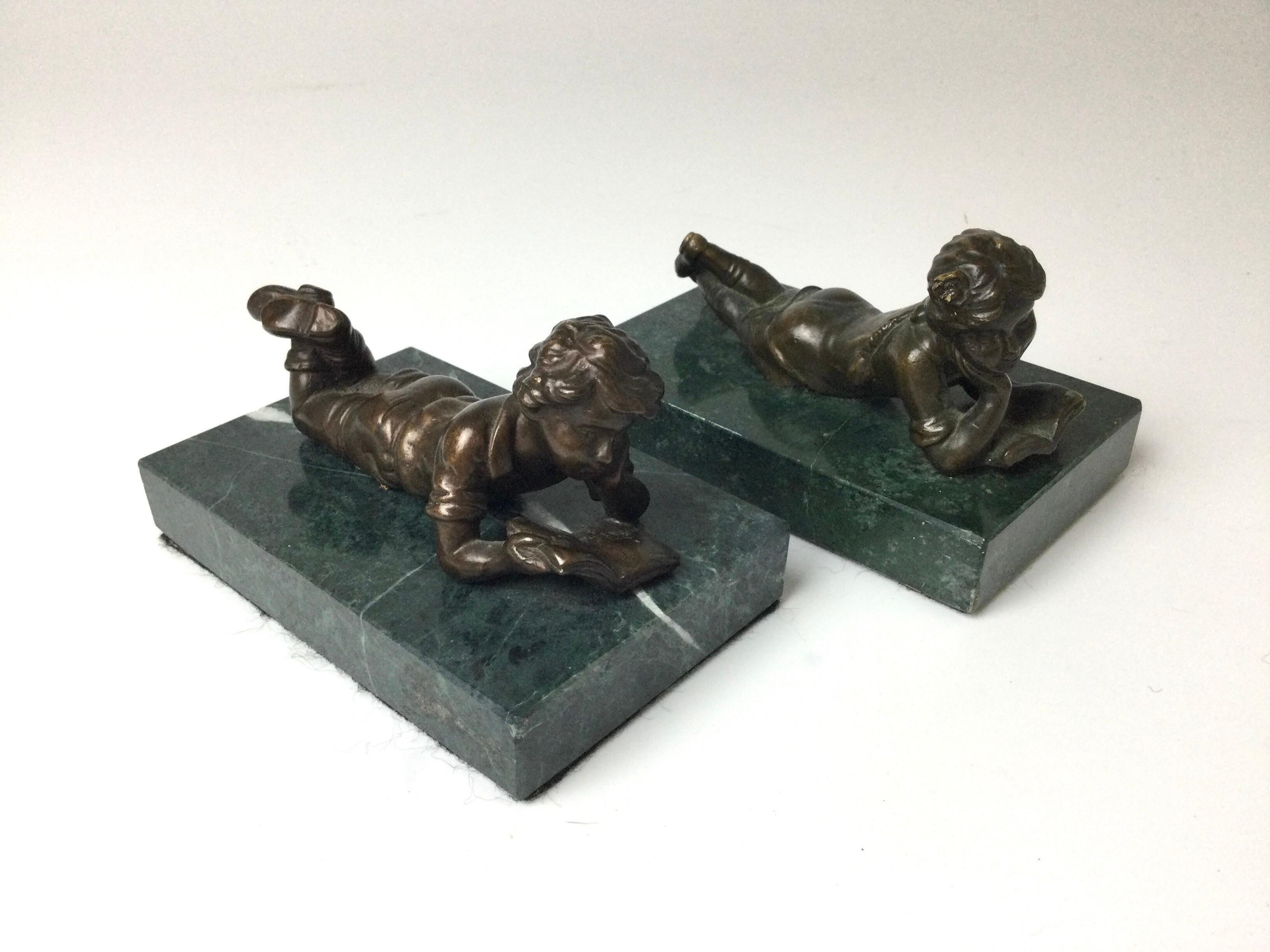 Pair of Bronze Children Reading on Green Marble Bases For Sale 5