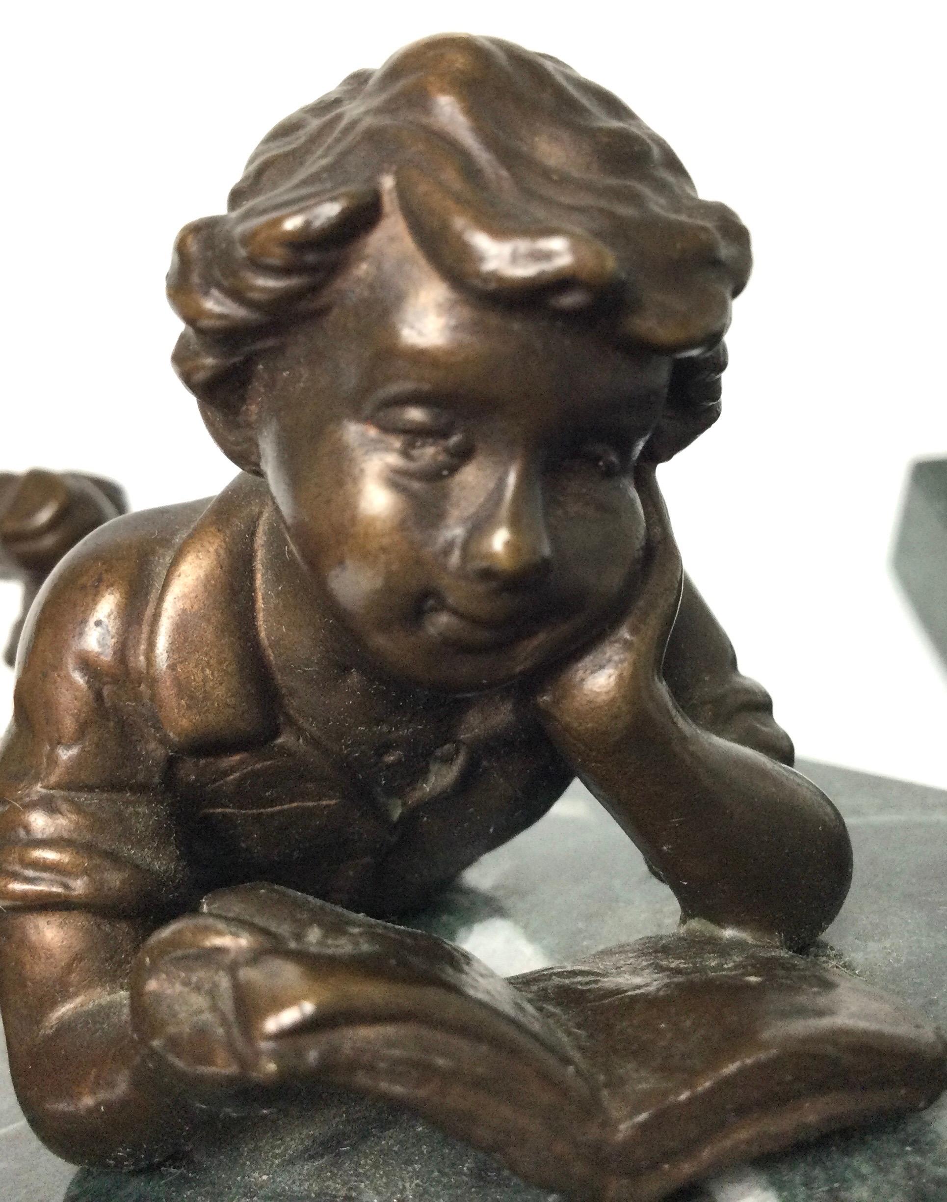 Pair of Bronze Children Reading on Green Marble Bases In Excellent Condition For Sale In Lambertville, NJ