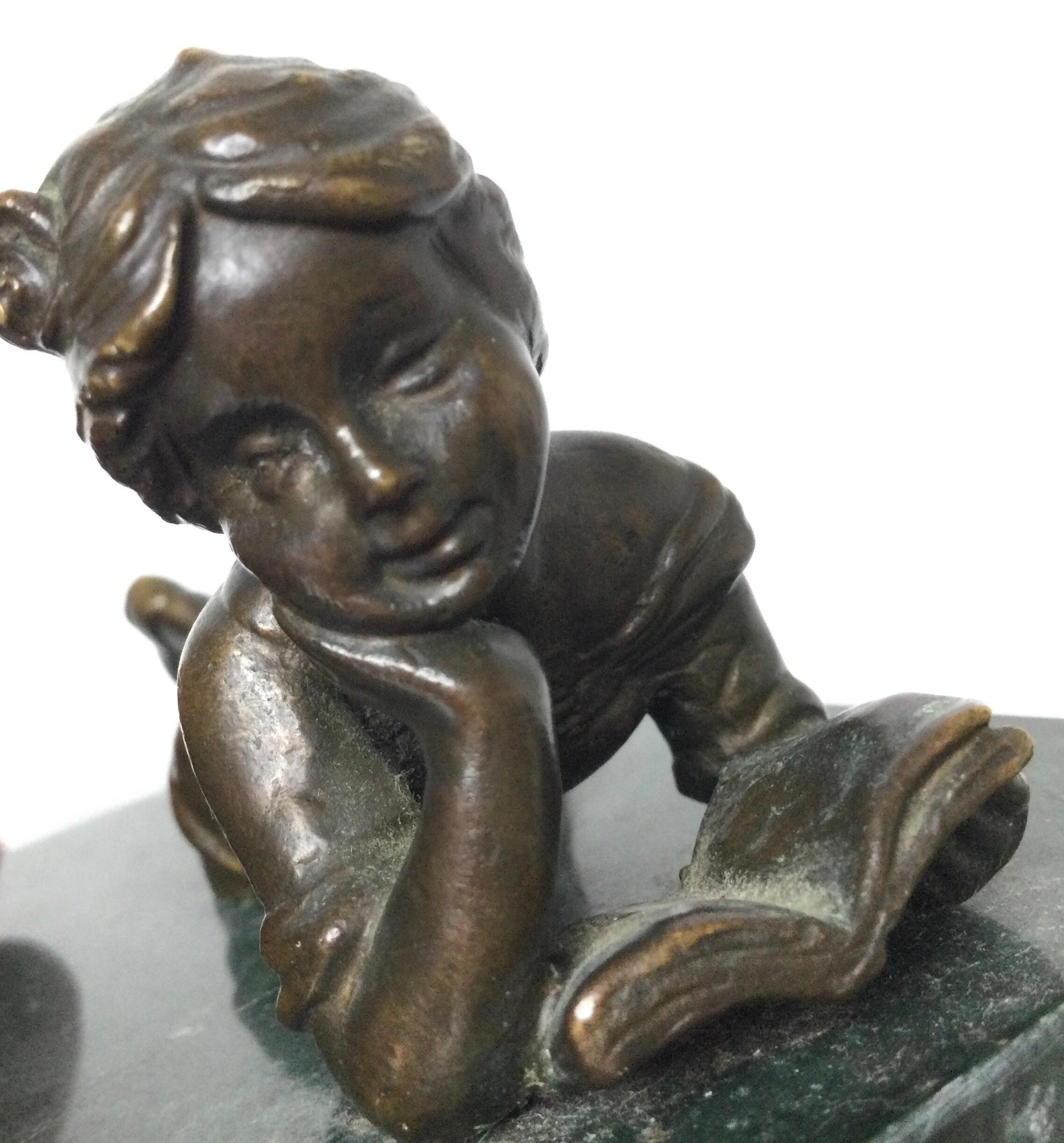 20th Century Pair of Bronze Children Reading on Green Marble Bases For Sale