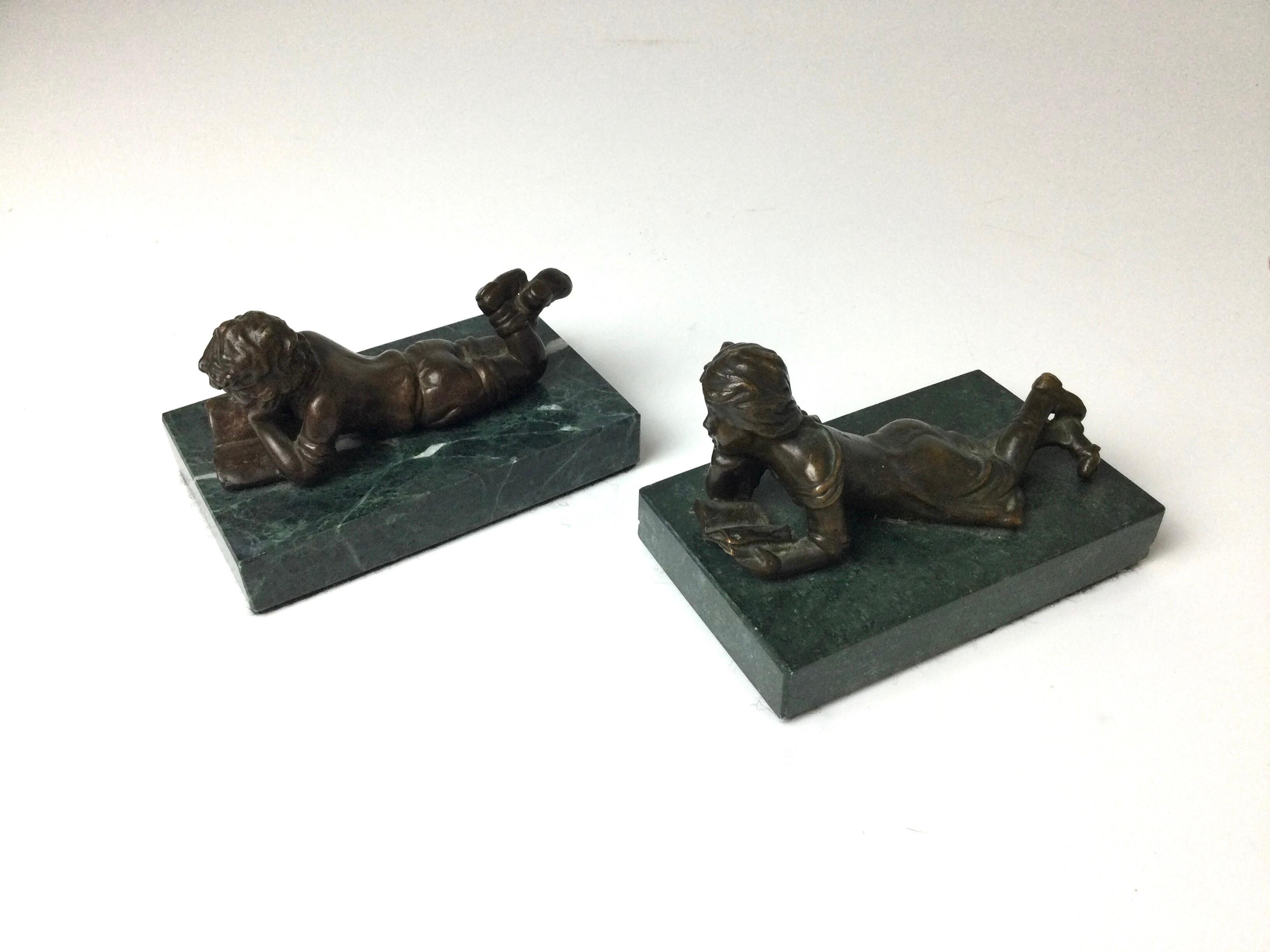 Pair of Bronze Children Reading on Green Marble Bases For Sale 1