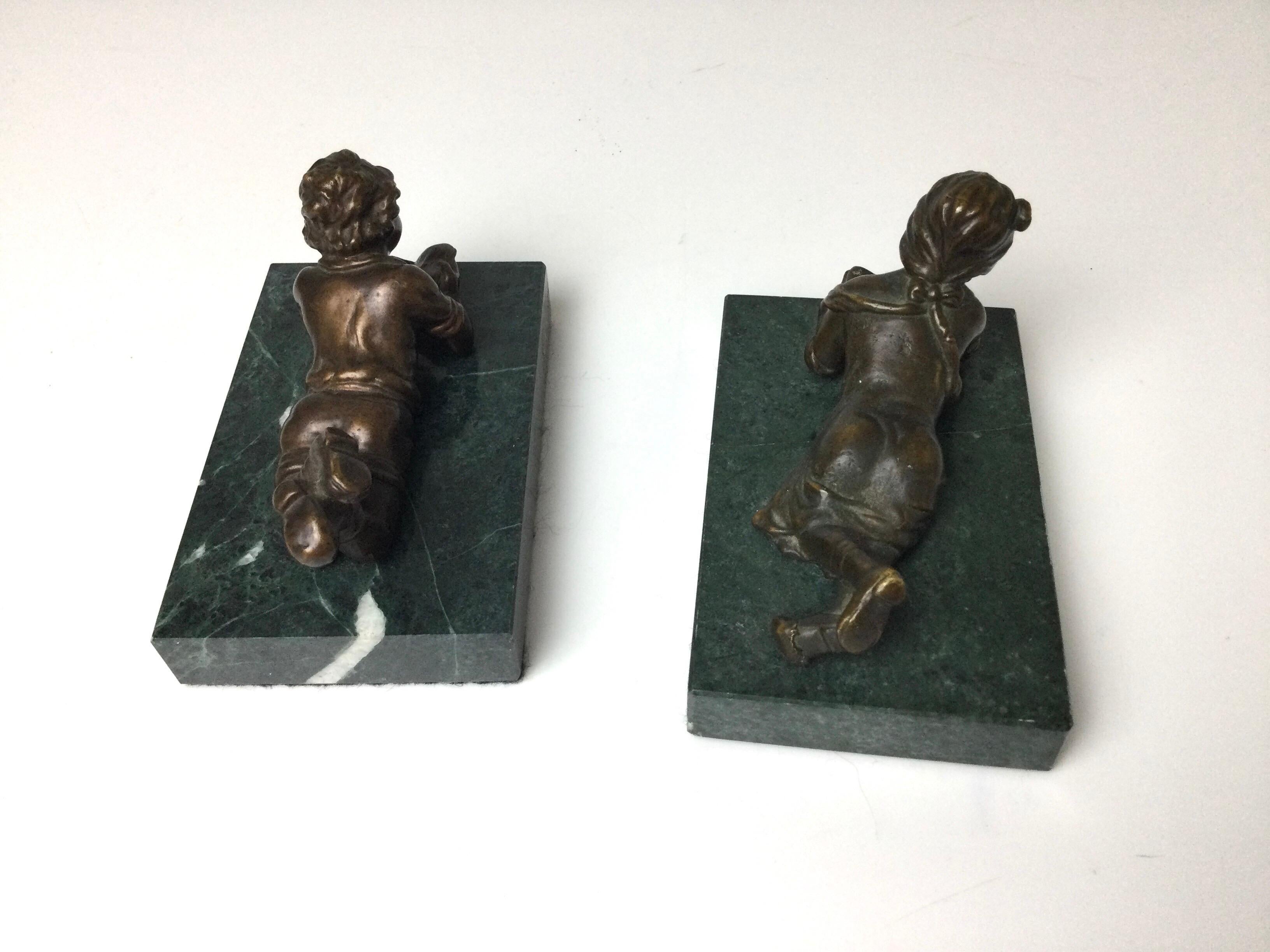 Pair of Bronze Children Reading on Green Marble Bases For Sale 2