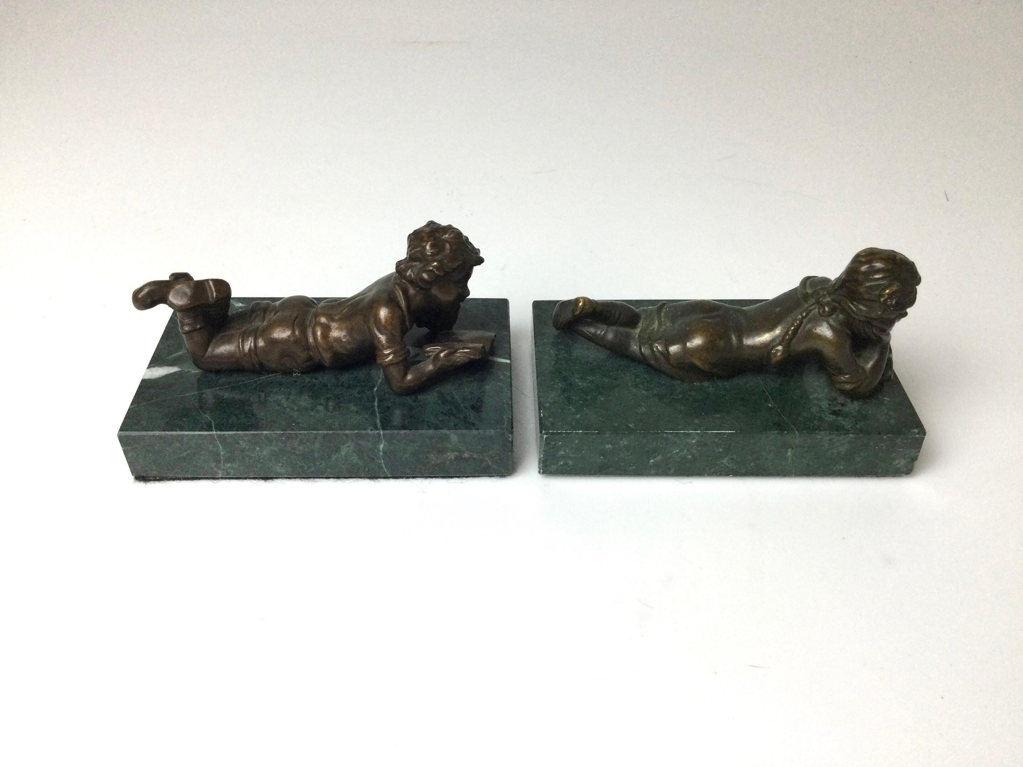 Pair of Bronze Children Reading on Green Marble Bases For Sale 3