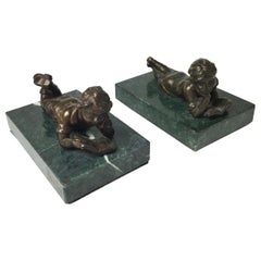 Pair of Bronze Children Reading on Green Marble Bases