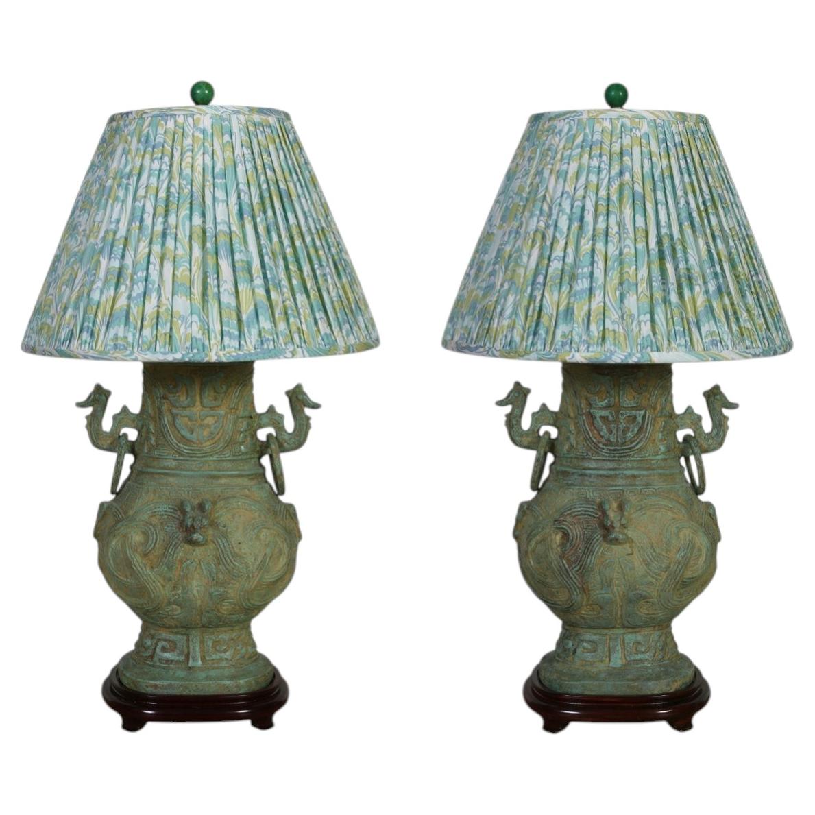 Pair of Bronze Chinoiserie Lamps With Dragon Handles and Rosewood Base