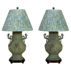 Pair of Bronze Chinoiserie Lamps With Dragon Handles and Rosewood Base