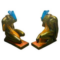 Coppia di reggilibri Indian Braves rivestiti in bronzo di Paul Herzel per Pompeian Bronze Co.