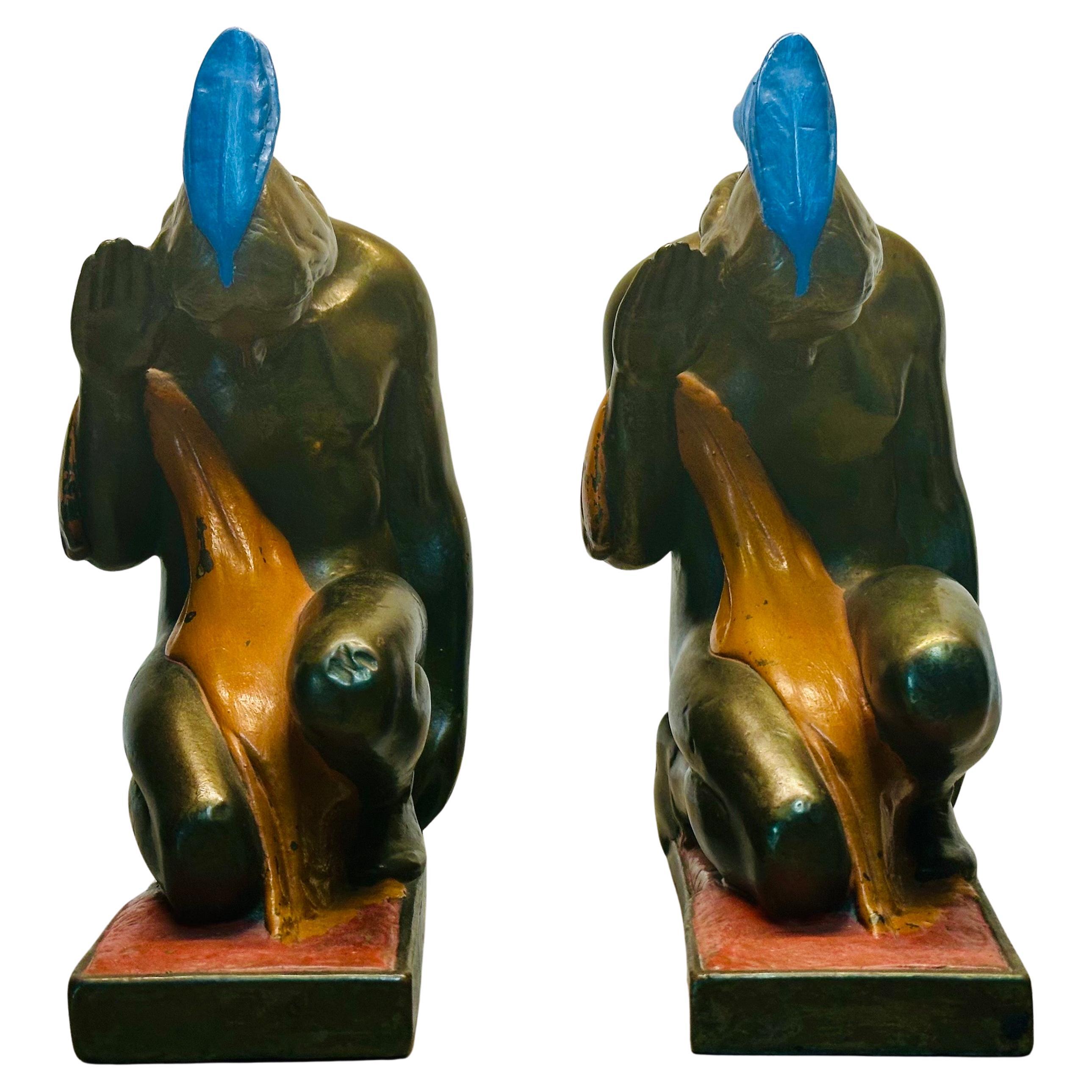 Art Deco Pair of Bronze-Clad Indian Braves Bookends by Paul Herzel for Pompeian Bronze Co For Sale