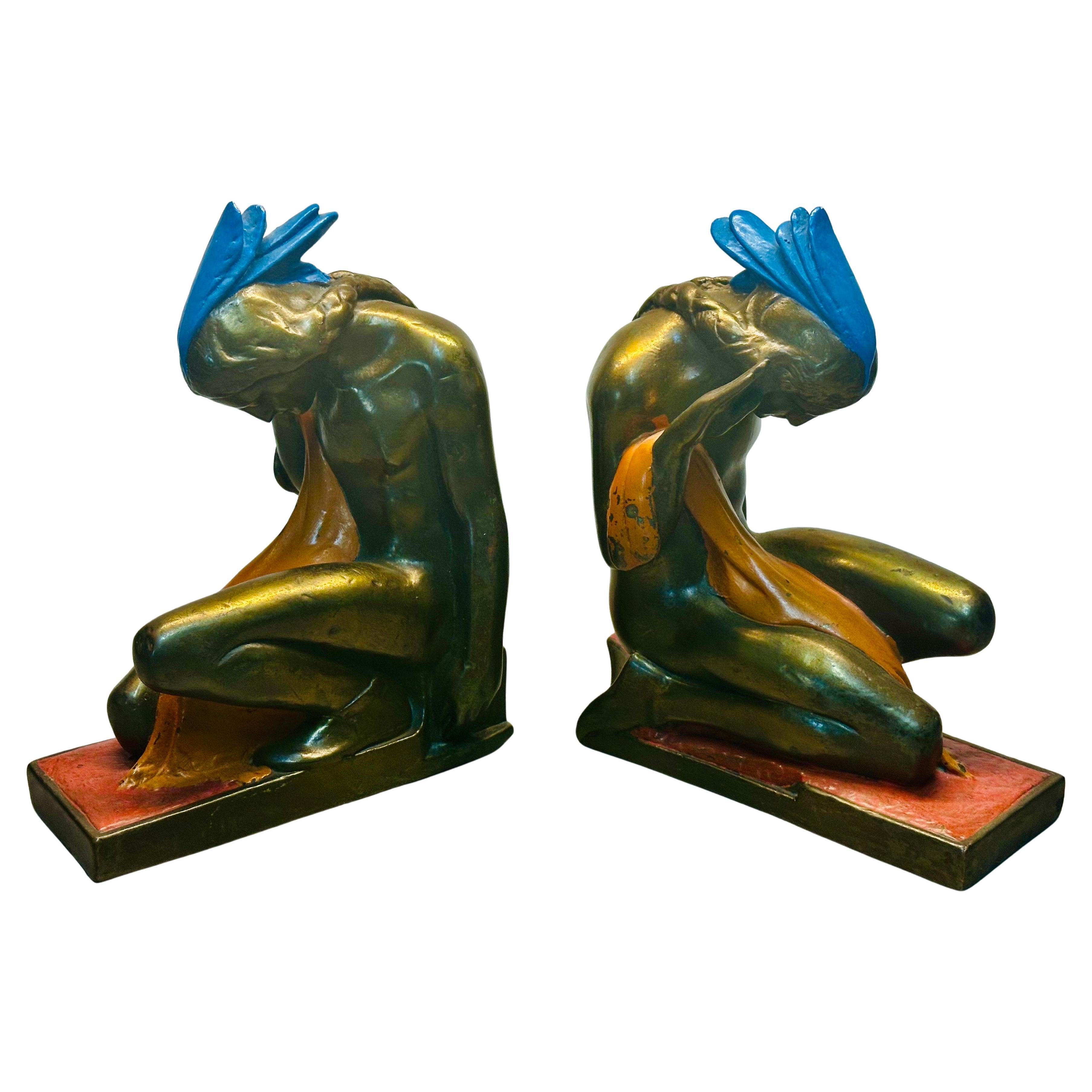 American Pair of Bronze-Clad Indian Braves Bookends by Paul Herzel for Pompeian Bronze Co For Sale